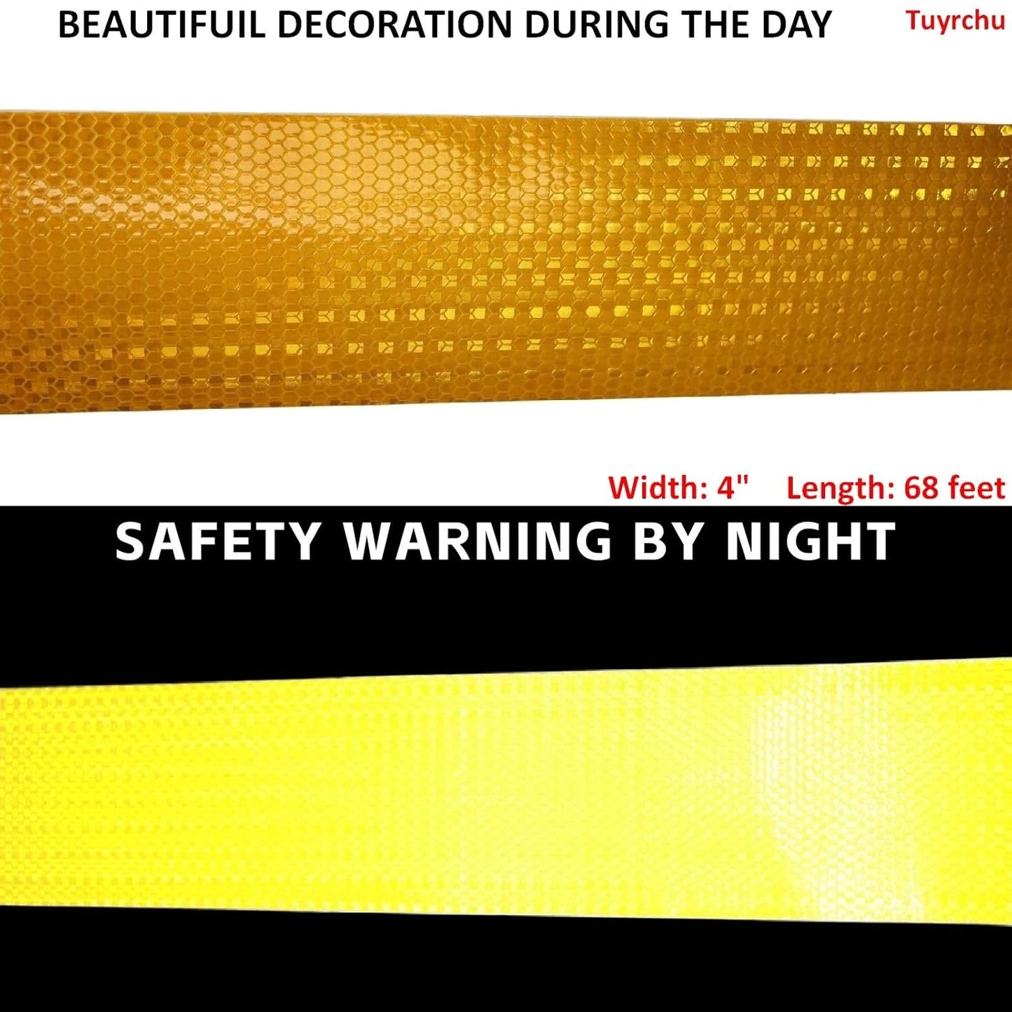 Yellow Reflective Tape Outdoor Waterproof 4 inch Wide, High Visibility Warning Safety Industrial Marking Tape (68 feet)