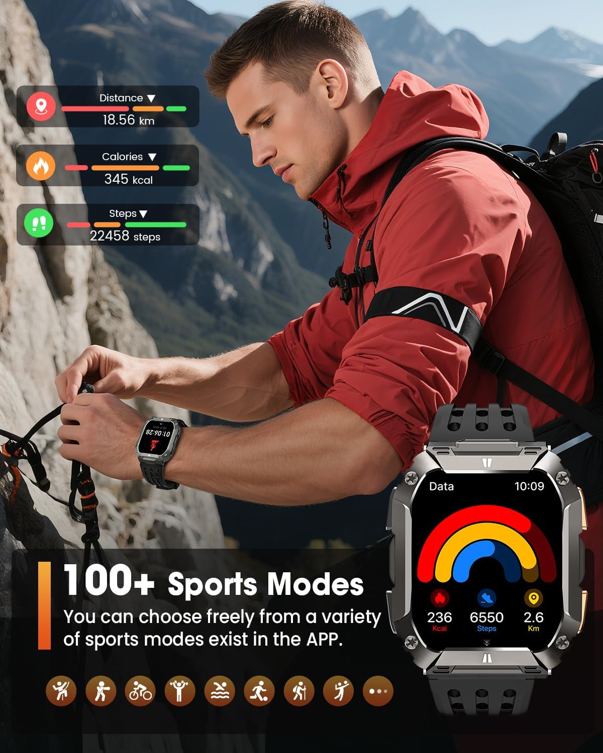 Smart Watches for Men, Military Smart Watch with 100 Days Battery/LED Flashlight, 1.95'' Fitness Watch with Heart Rate/ Sleep Monitor/100+ Sports Mode, 5 ATM Rugged Smartwatch for Android and iPhone