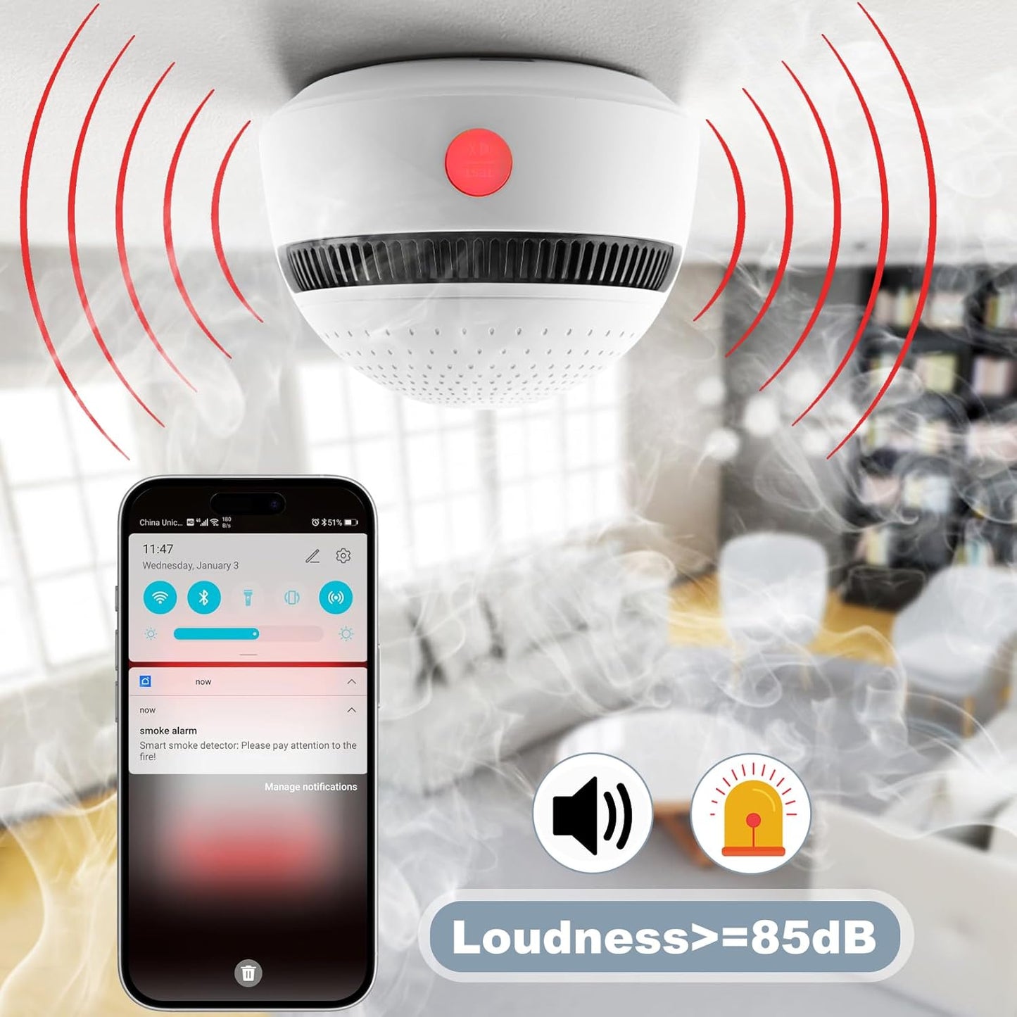 3-Pack Smart Smoke Detector,Wi-Fi Smoke Detector Fire Alarm with Smart Life App Notifications,10-Year Replaceable Battery,Mini Size for Home, RV