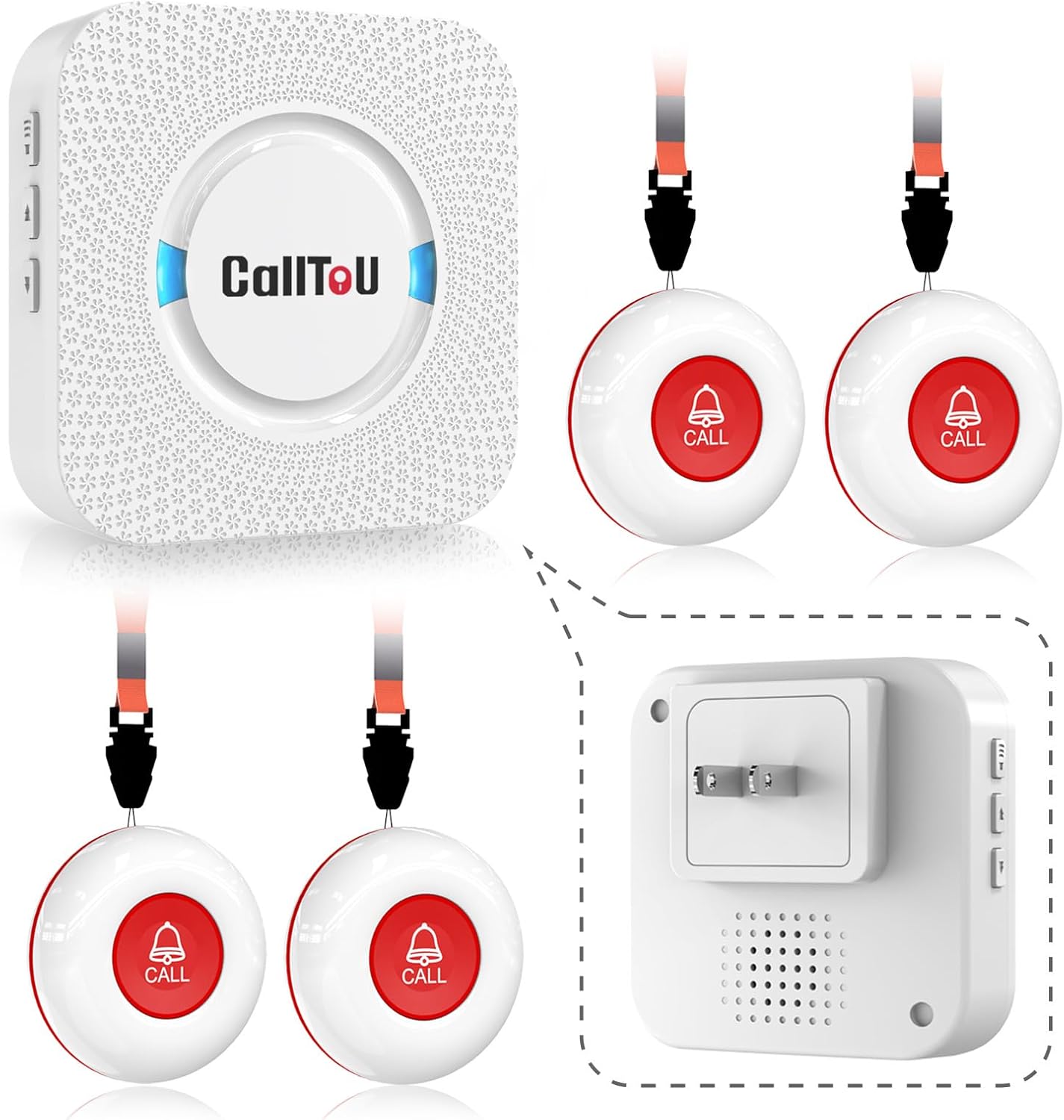 CallToU Caregiver Pager Wireless Call Button Smart Bell Alert System for Elderly Home Patient Seniors Nurse 4 Portable Waterproof Transmitters 1 Plugin Receiver