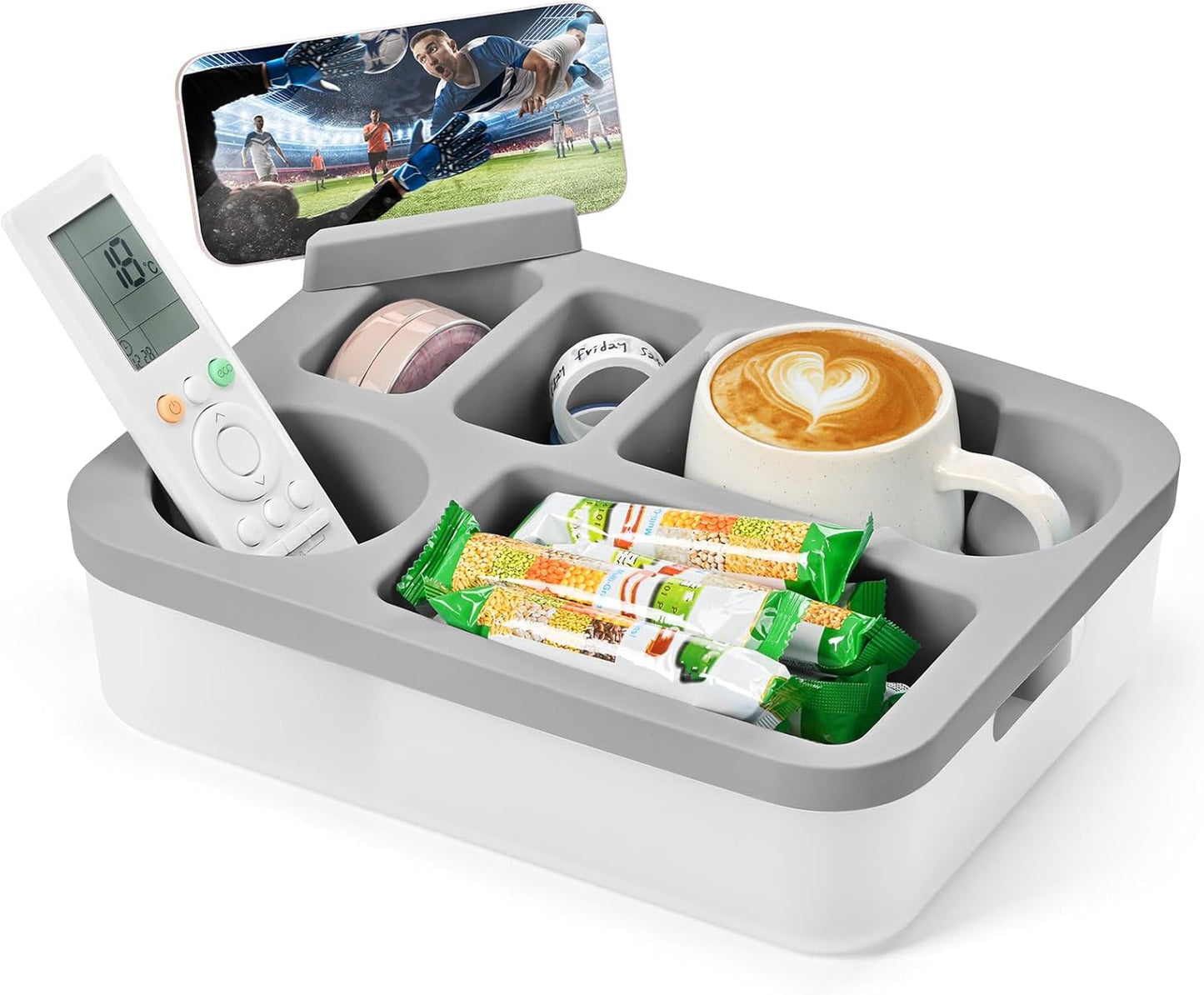 Couch Cup Holder Tray with Rotating Phone Stand & Anti-Spill Design, Silicone Sofa Caddy for Drinks, Remote, Snacks (Dark Grey, 11.8"x 9.05")