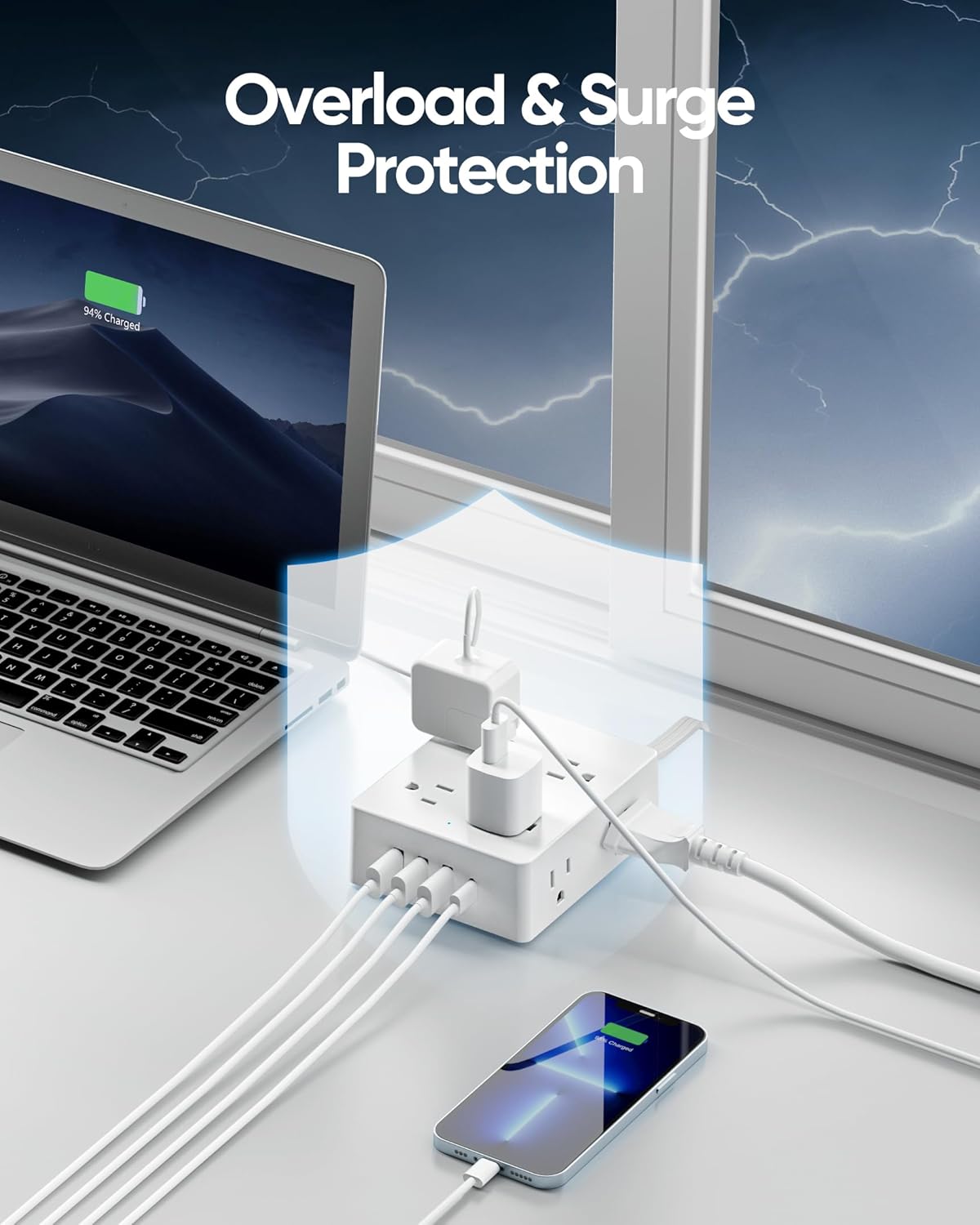 Surge Protector Power Strip 10 ft Cord, Olcorife Ultra Thin Flat Plug Extension Cord, 8 Outlets 4 USB Ports(1 USB C), Flat Plug Outlet Extender, College Dorm Room Essentials, White