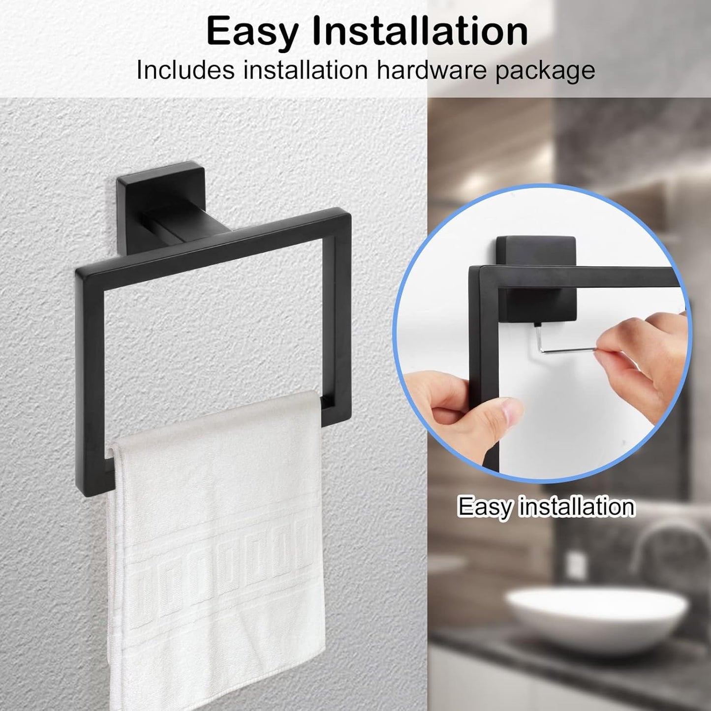 Matte Black Towel Ring,Square Hand Towel Holder,Towel Hanger, Bathroom Hardware Accessories,Stainless Steel Wall-Mounted Towel Hoder