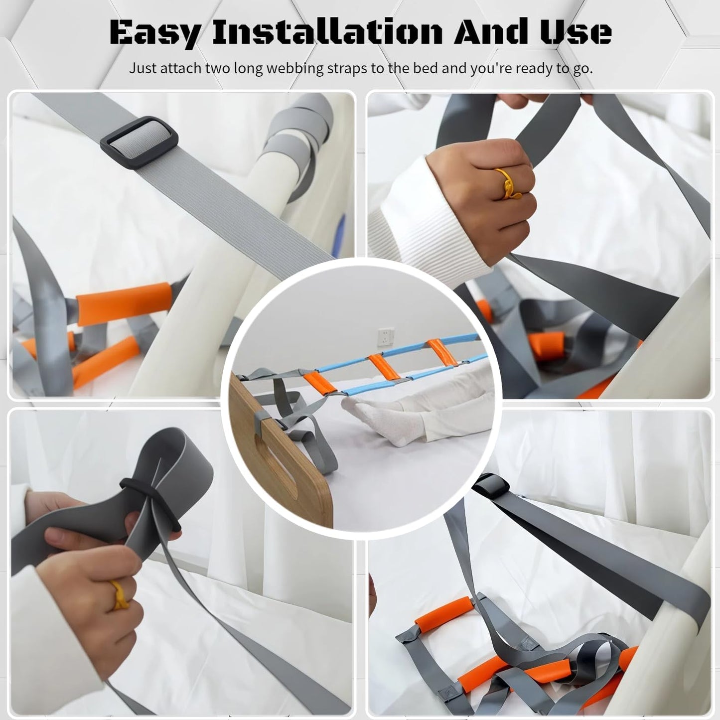 Bed Ladder Assist with Soft Handle Grips Assist Device with Handle Strap Sit Up Hoist Adjustable Length Assistant to Get Out of Bed for Seniors Handicapped Injured（Grey）
