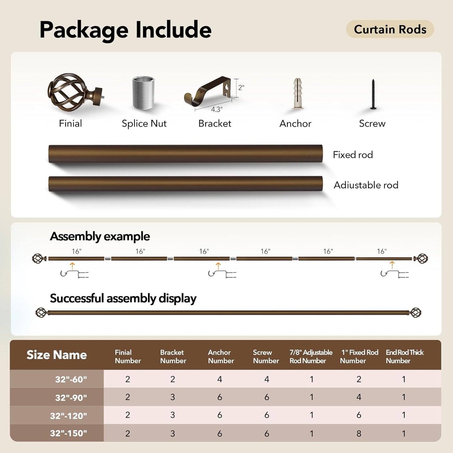 Curtain Rods for Windows 66 to 120, 1 Inch Adjustable Decorative Long Bronze Curtain Rod with Twisted Cage End, Modern Heavy Duty Outdoor Drapery Rods for Patio, Telescoping Splicing, Size 32"-120"