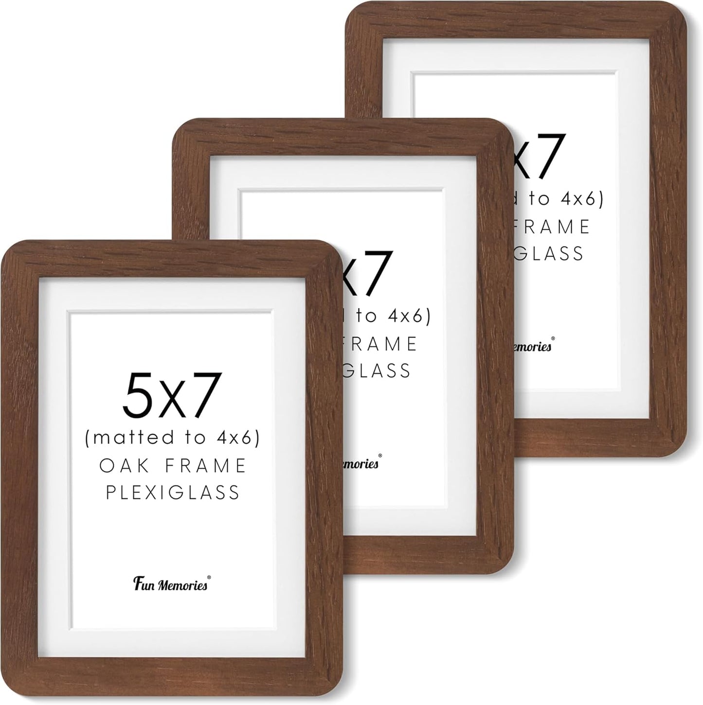 5x7 Picture Frames Set of 3, 5 by 7 Photo Frames for Wall & Tabletop Display, Solid Oak Wood Frames with Plexiglass, 5x7 Frame Matted to 4x6, Light Wood 5 x 7 Gallery Wall Frame Set, Walnut Color