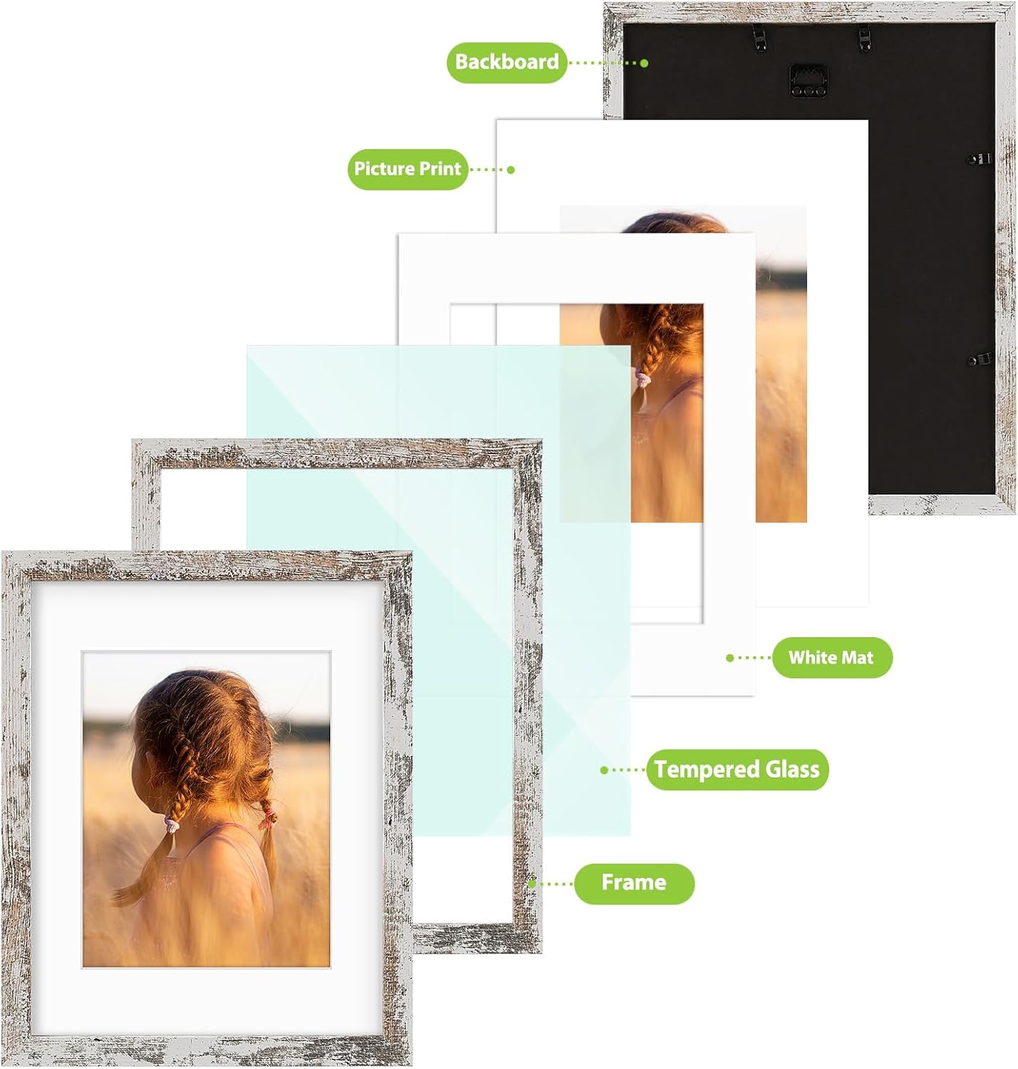 Golden State Art, 11x14 Picture Frame with Mat for 8x10 - High Definition Glass Wall Mounting Horizontal Vertical Display (Weathered White, 2 Pack)