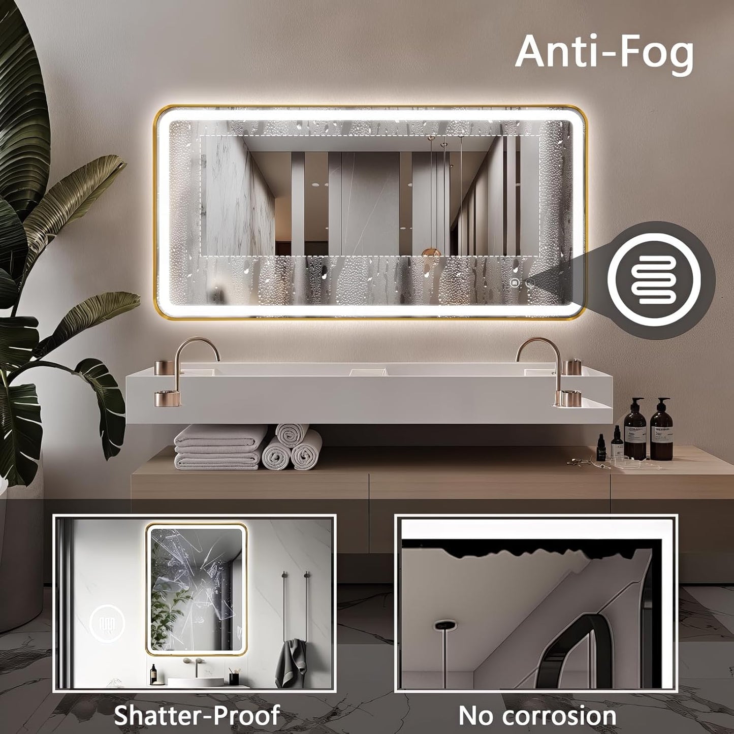 48"x24" Lighted Vanity Mirror with Lights, Gold Metal Frame Led Mirror for Bathroom, Anti-Fog Wall Mirror with Front and Backlit, Shatterproof, 3 Colors Stepless Dimmable, Horizontal/Vertical