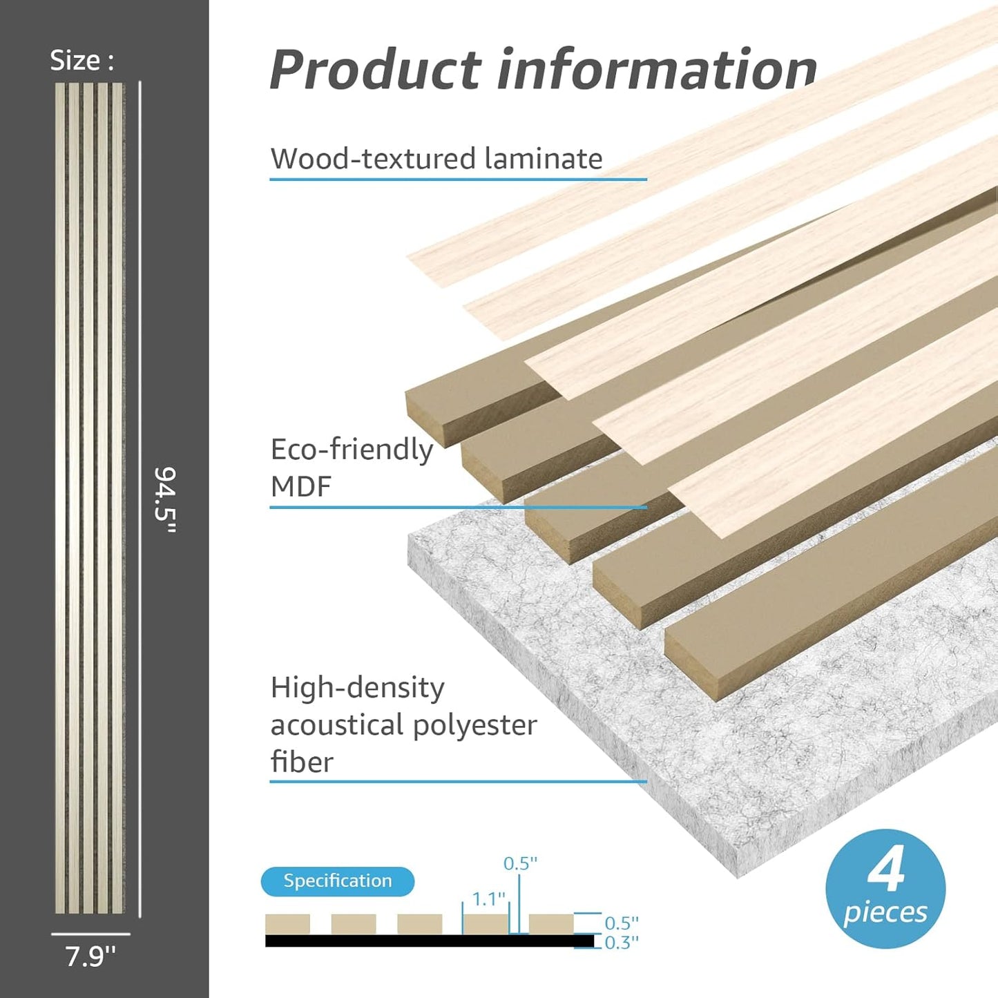 Art3d 4-Piece Wood Slat Acoustic Panels for Stylish Decor and Noise Reduction, 3D Textured Panel for Ceiling and Wall, White Elm