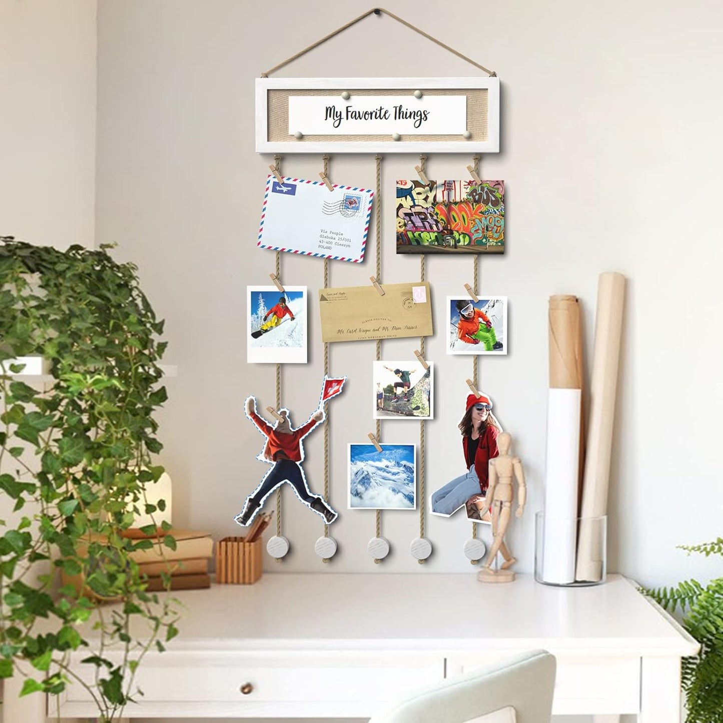 Bikoney Collage Picture Frames Hanging Photo Display Multi Pictures Organizer with Wood Bulletin Board Photo Board 30 Clips and 6 Pushpins for Room Wall Decor (White)
