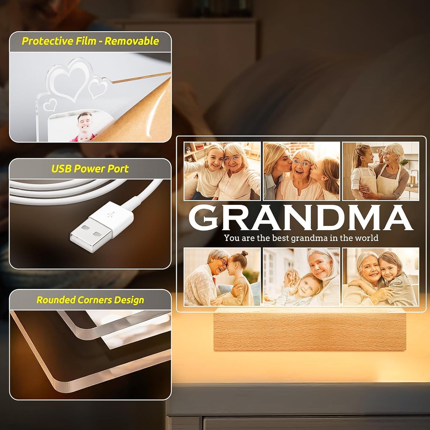 Personalized Gifts for Grandma from Daughter Son, Custom Picture Frames with Photos, Customized Photo Frame with Night Light, Personalized Birthday Gifts for Grandma Baby Kids Family