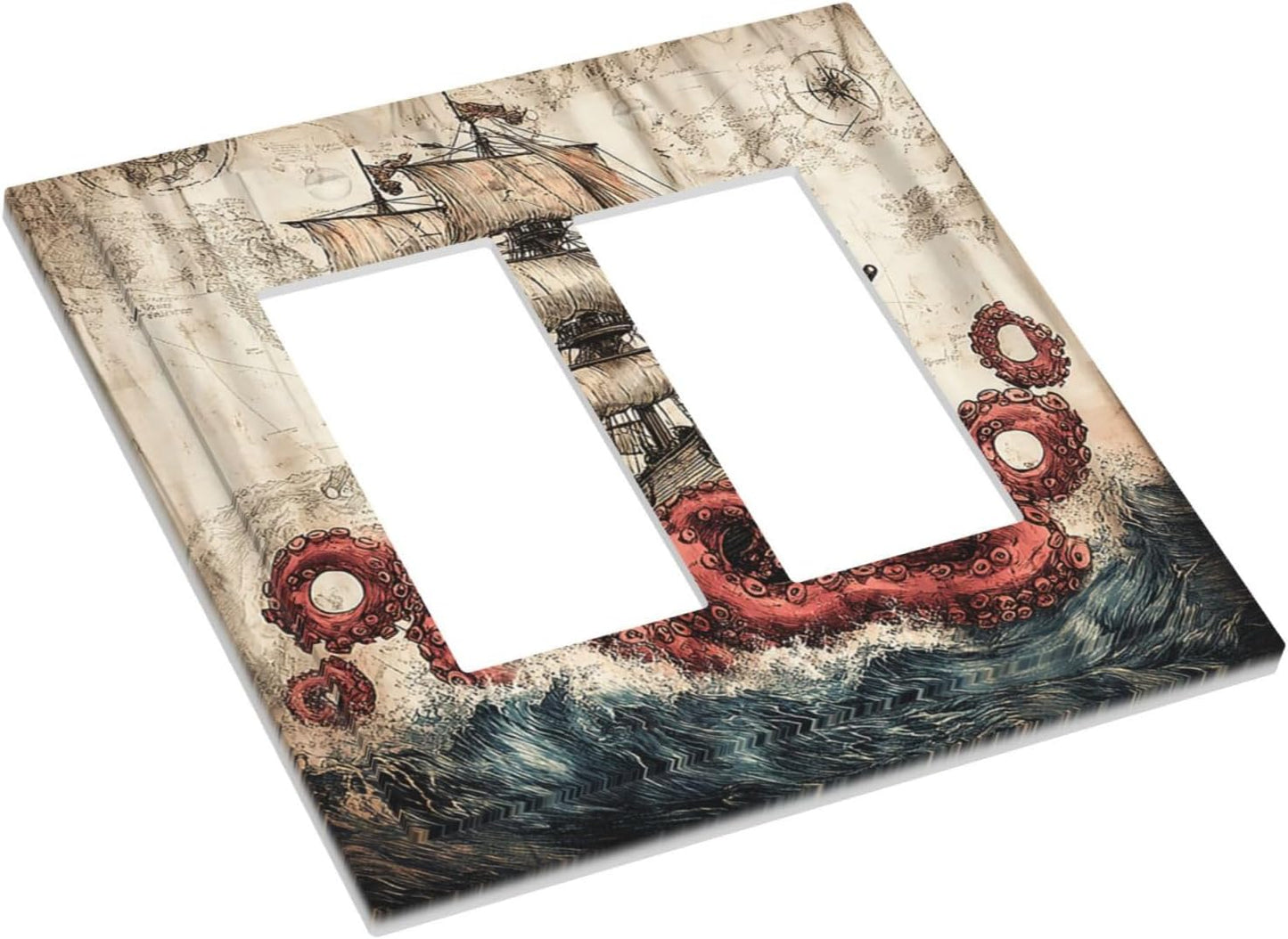 Decorative Outlet Covers Vintage Octopus Ocean Sailboat Bizarre Adventure 2 Gang Double GFCI Rocker Electrical Wall Panels Light Switch Cover Plate for Bathroom Kids room Decor