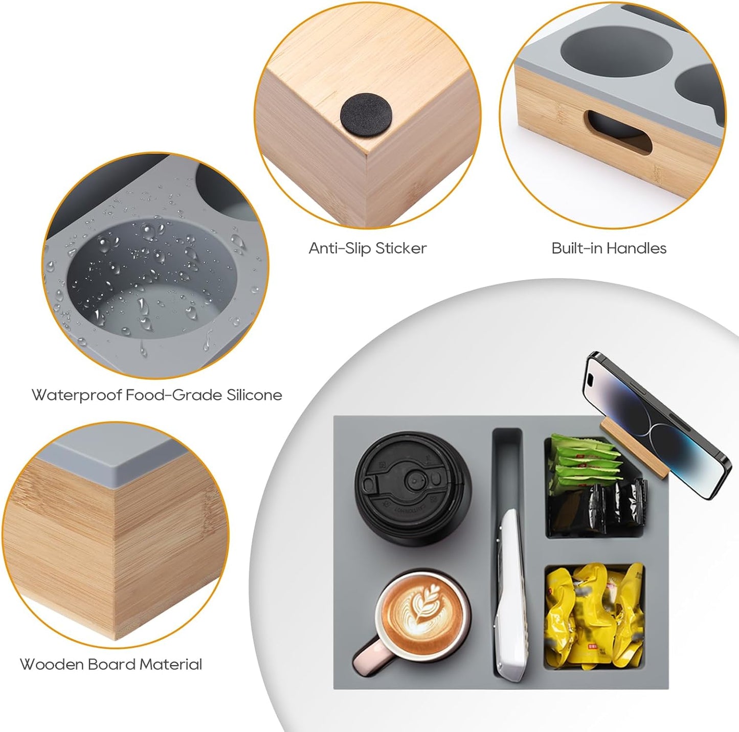 Couch Cup Holder Tray, Couch Caddy with Rotatable Phone Holder, Wooden Sofa Drink Holder with Handle for Bed Car Seat Beach Organizer, Anti-Spill for Snacks Beverage Remote Grey