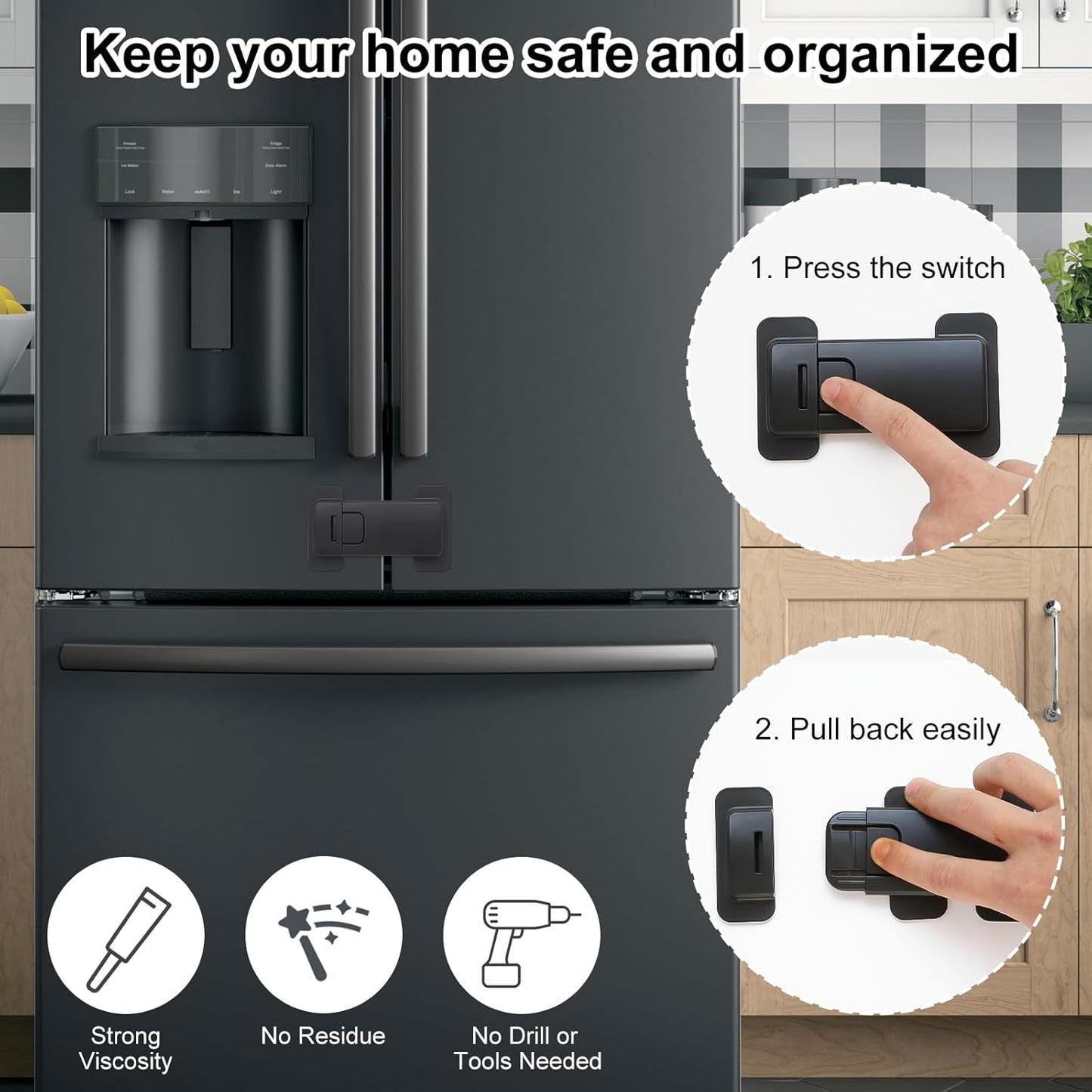 Fridge Locks for Kids, Child Proof Refrigerator Lock, Baby Safety French Fridge Door Lock, Child Cabinet Locks with Strong 3M Adhesive, No Drill, Tool-Free Install (2 Pack, Black)