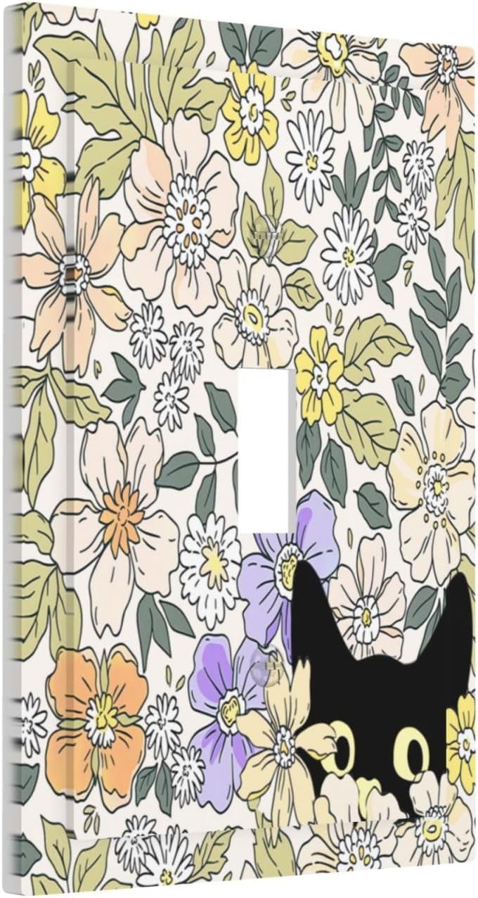 Decorative Light Switch Plate Covers Cute Black Cat in a Flower Patch Botanical Garden 1 Gang Wall Plate Single Toggle Light Switch Covers Artistic Faceplate for Bedroom Decor（2 Pack）