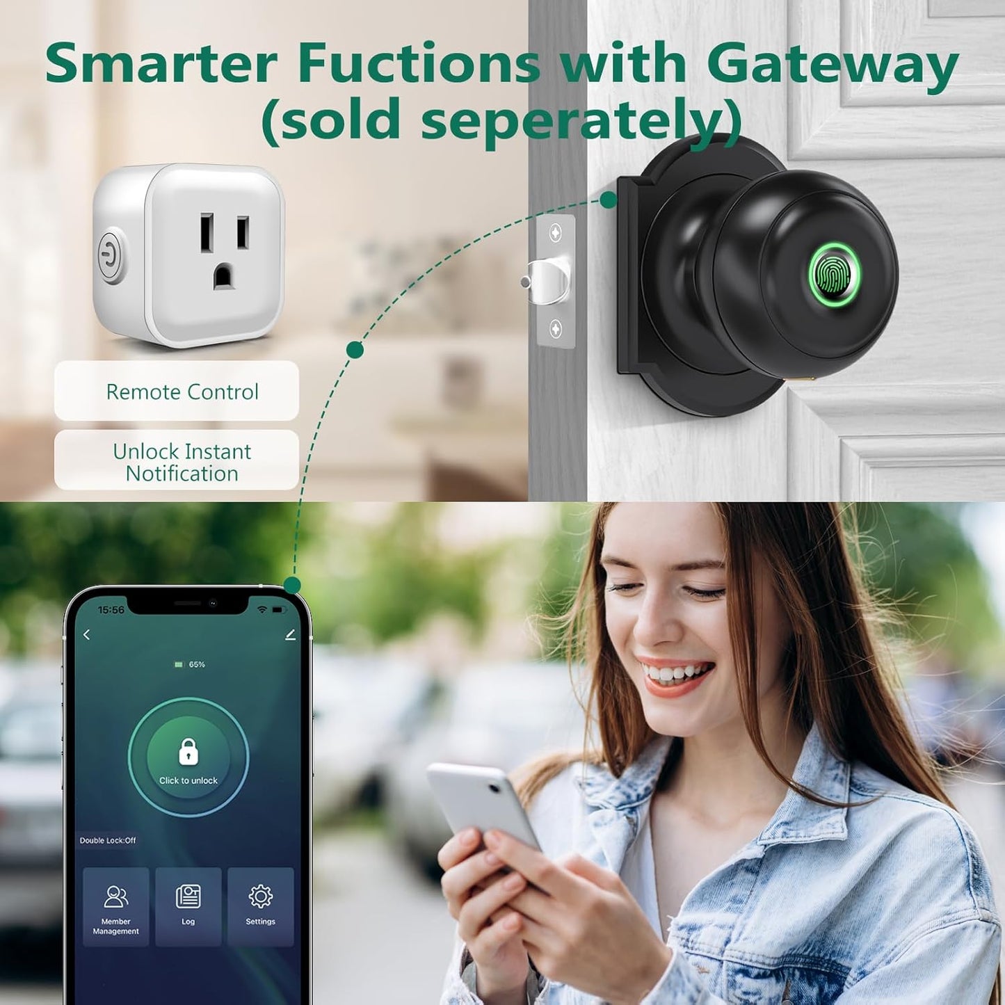 GeekTale Fingerprint Door Lock, Smart Lock with App, Biometric Door Lock, Thumbprint Door Knob, Smart Fingerprint Door Knob for Bedroom, Office, Apartment