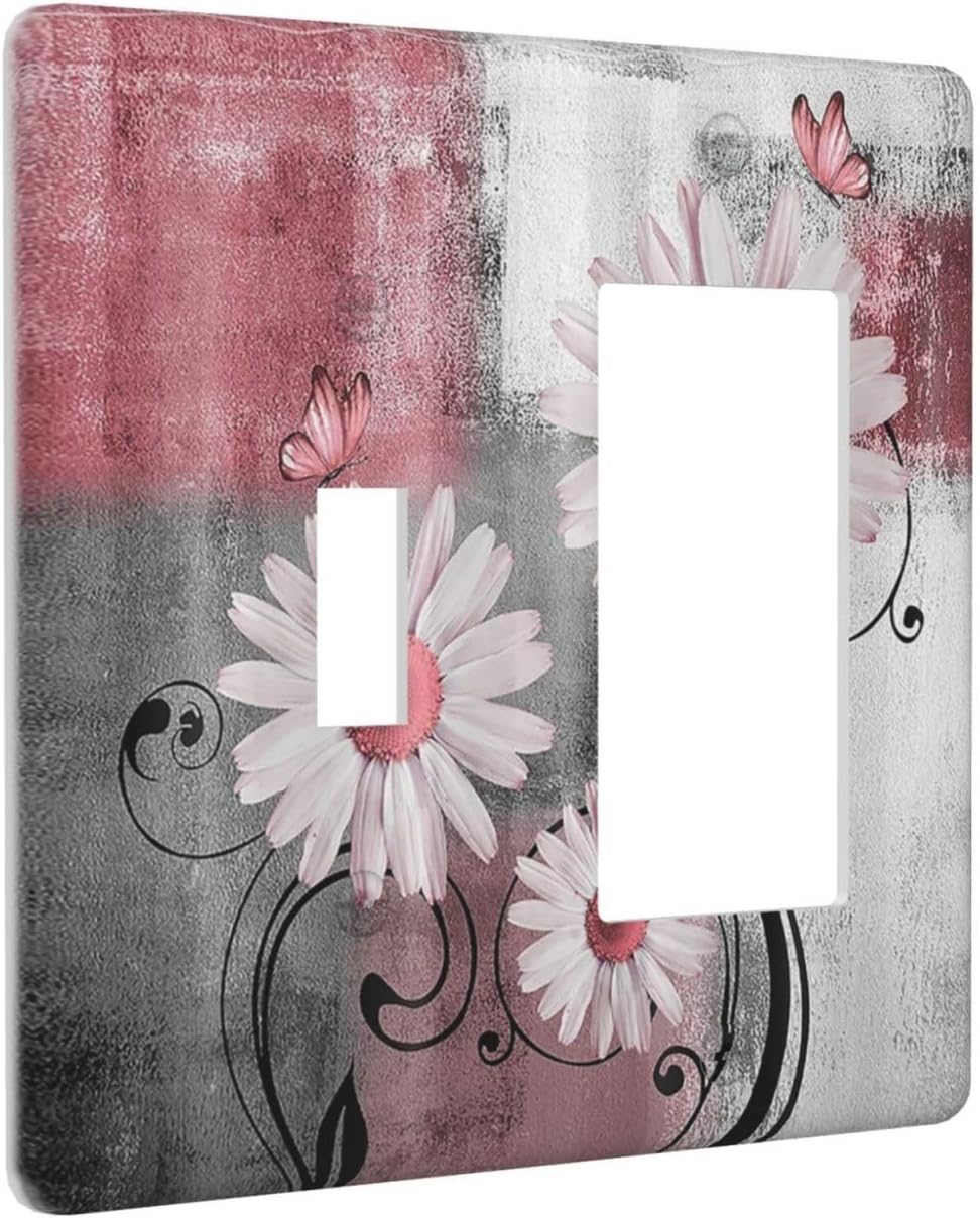 Outlet Covers Pink Floral Rustic Daisy Flower And Butterfly 1 Toggle 1 Rocker Combination Decorative Wall Plate Light Switch Cover Plate Electrical Switch Plates for Farmhouse Cabin Decor