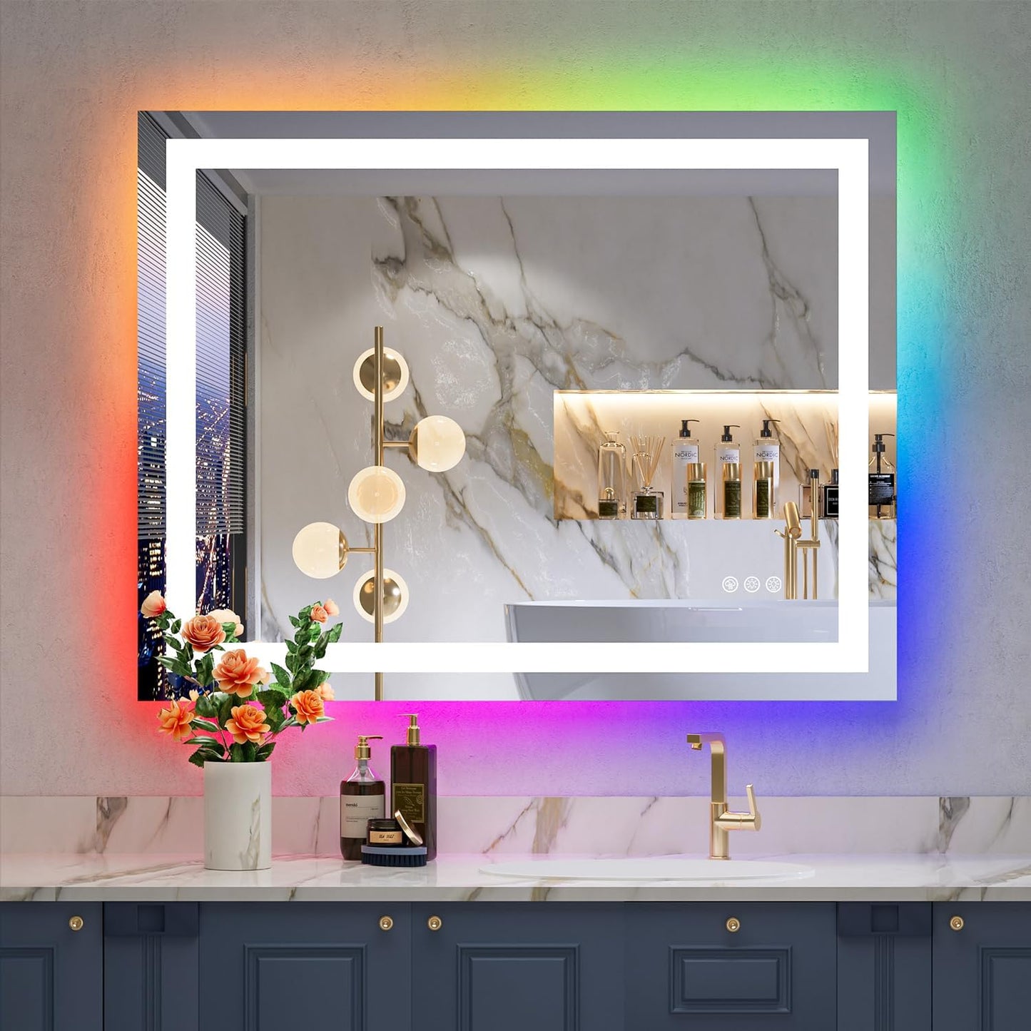 36x28 Inch RGB LED Bathroom Mirror Front Light and RGB Backlit Lighted Vanity Mirror for Bathroom Wall Mounted Dimmable Anti Fog Memory Shatter-Proof IP54 Waterproof Horizontal/Vertical