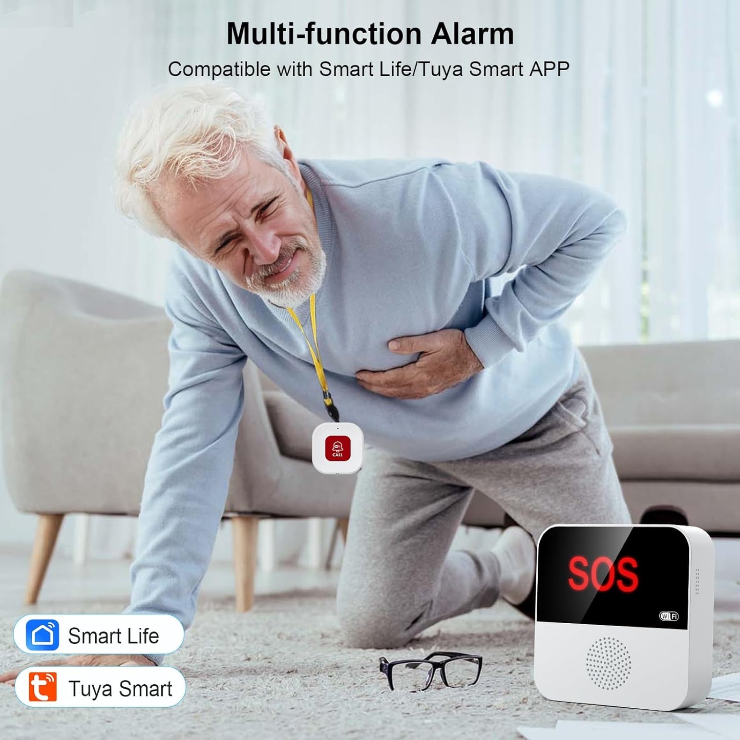 WiFi Pager, Caregiver Pagers Life Alert Systems for Seniors no Monthly Fee, 1 Receiver and 1 SOS Panic Button & 1 Watch Pager, Compatible with Tuya Smart/Smart Life APP