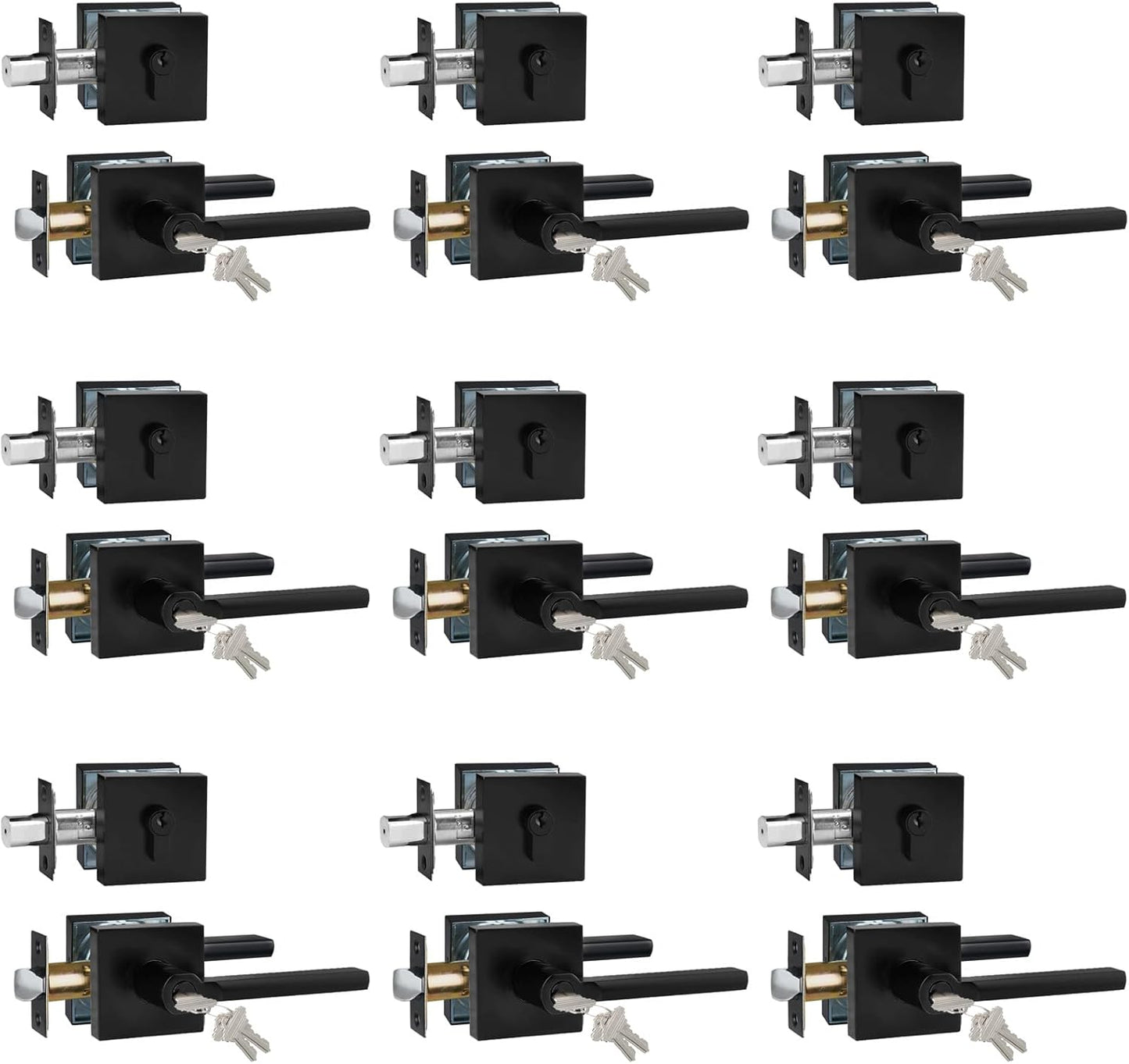 Keyed Entry Door Handle with Single Cylinder Deadbolt, Keyed Alike(Same Keys Only Per Set) Front Door/Exterior Door Lever Lockset, Matte Black, 9 Sets of Locks with 9 Sets of Different Keys