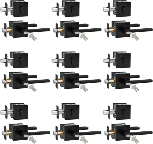 Keyed Entry Door Handle with Single Cylinder Deadbolt, Keyed Alike(Same Keys Only Per Set) Front Door/Exterior Door Lever Lockset, Matte Black, 9 Sets of Locks with 9 Sets of Different Keys