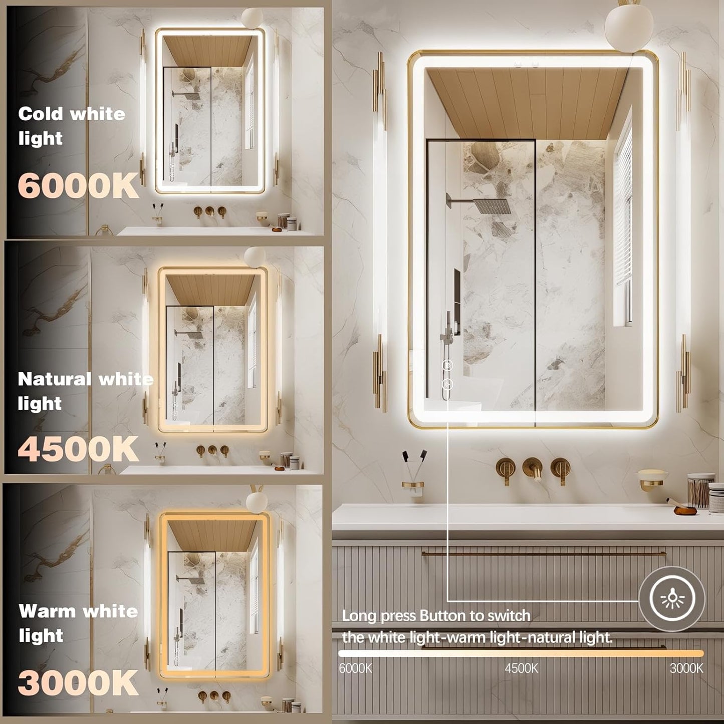 Rectangle LED Bathroom Mirror, 36"x28" Anti-Fog Double Touch Lighted Wall Vanity Mirror 45° Beveled Metal Frame Stepless Adjustable Color Temperature Smart Mirror 3000K-6000K, Gold
