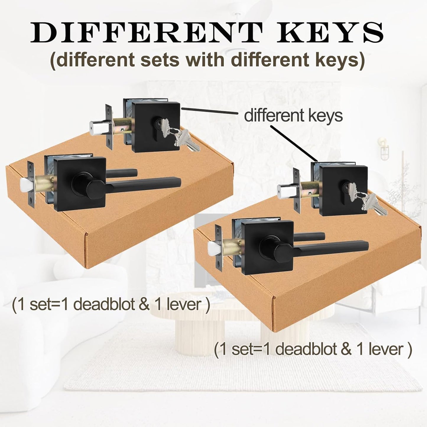 7 Sets Passage Door Lever and Single Cylinder Deadbolt Lock Set, Heavy Duty Square Handle for Entrance and Front Door, Matte Black, Different Keys
