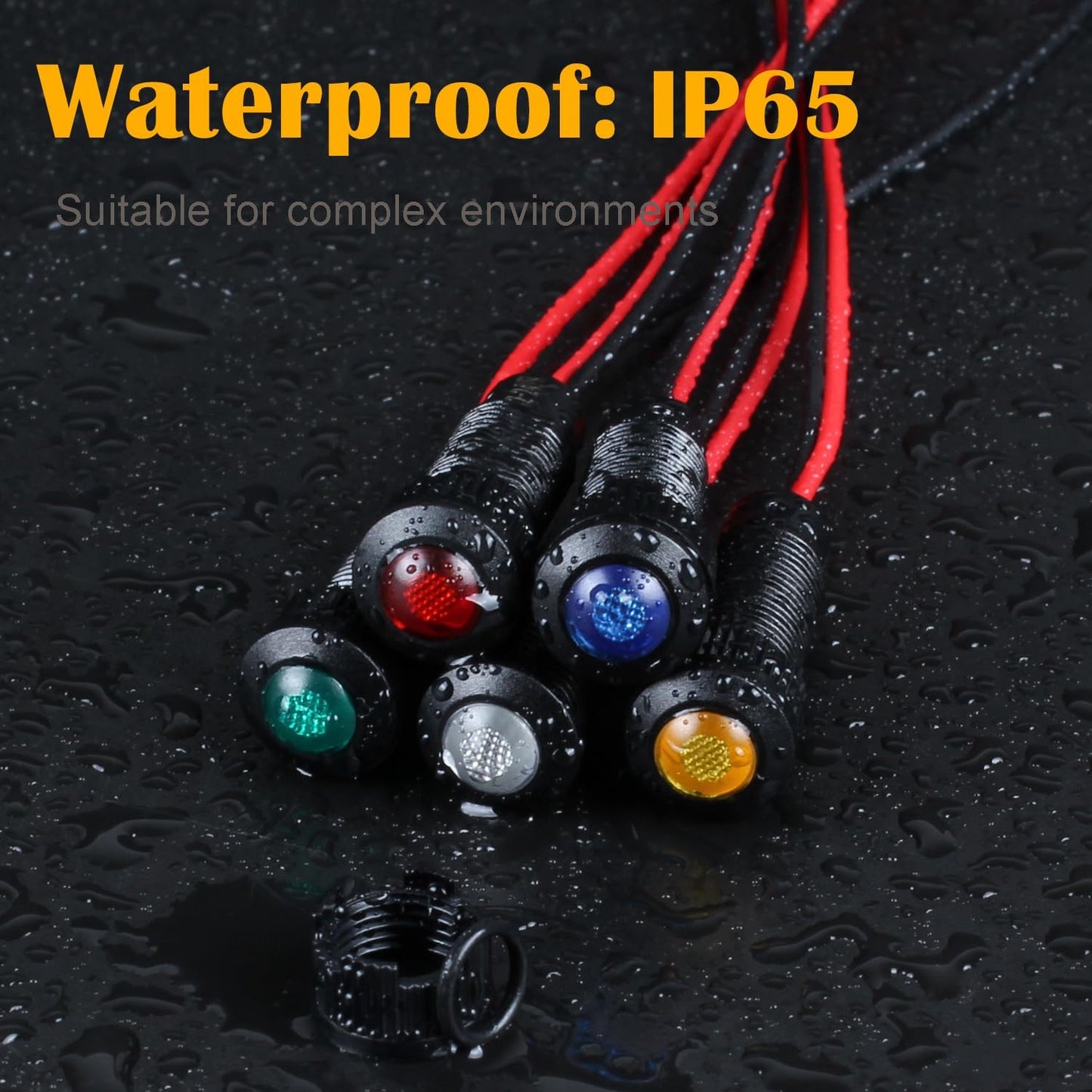 5pcs 8mm LED Indicator Light Plastic Black Signal Dot Lamp 110-220VAC 5/16" Mounting Hole Size with 15cm/5.9in. Wire (Yellow LED)