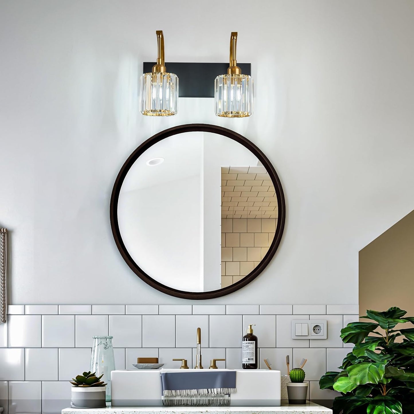 Bathroom Crystal Vanity Lights 2-Light Black Gold Wall Lamp Modern Crystal Bathroom Light Fixtures Over Mirror 13.77" Long Wall Sconce