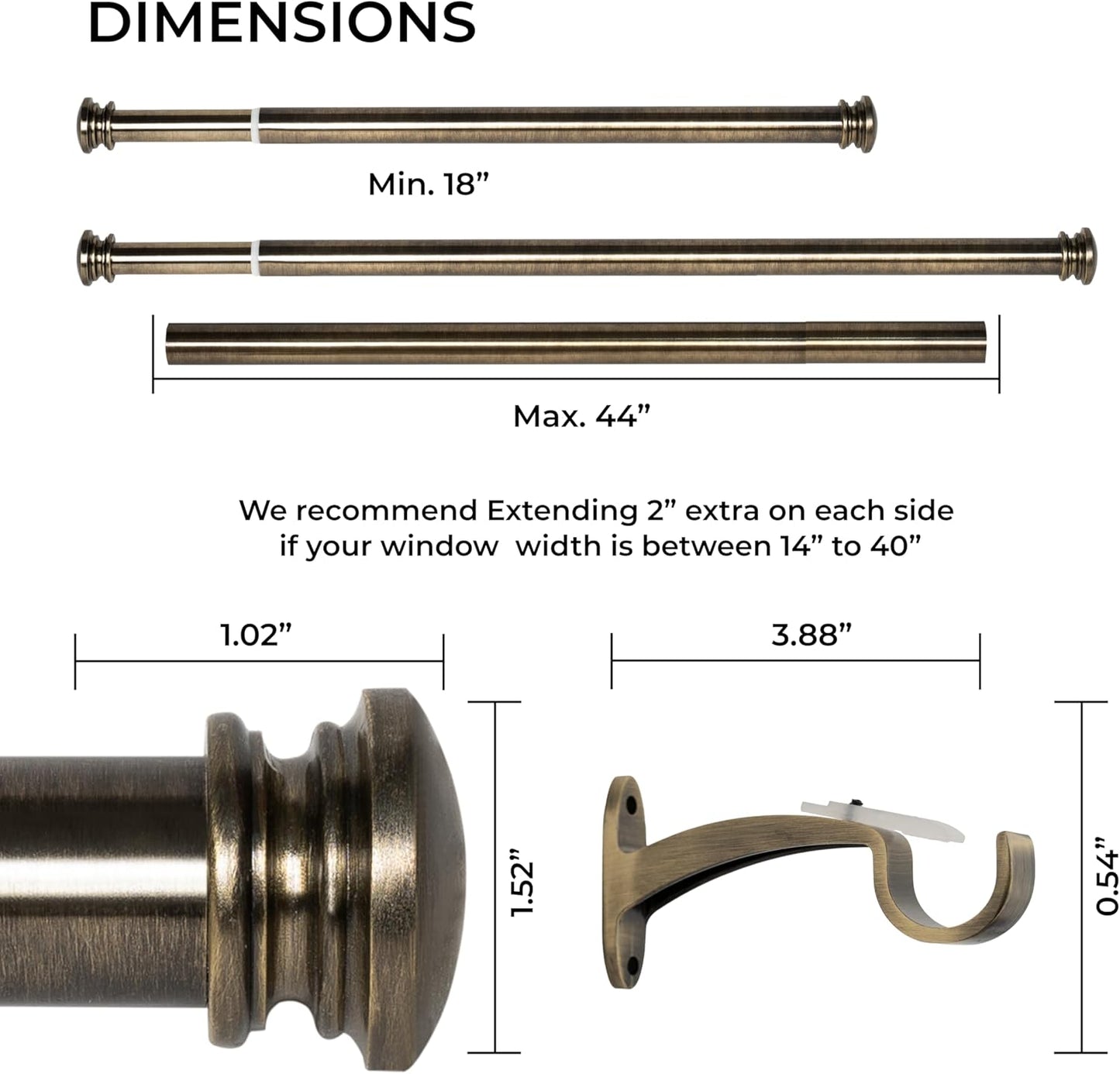 Deco Window Adjustable Curtain Rod for Windows 18 to 44 Inch Extendable Heavy Duty 1 Inch Iron Drapery Pole with End Cap Finials Wall Mounted French Door Curtain Rods (Pack of 1, Antique Brass)