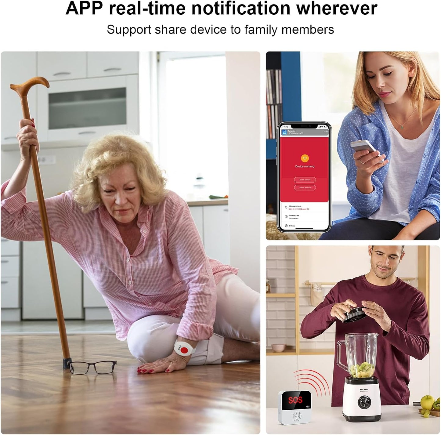 WiFi Pager, Caregiver Pagers Life Alert Systems for Seniors no Monthly Fee, 1 Receiver and 1 SOS Panic Button & 1 Watch Pager, Compatible with Tuya Smart/Smart Life APP