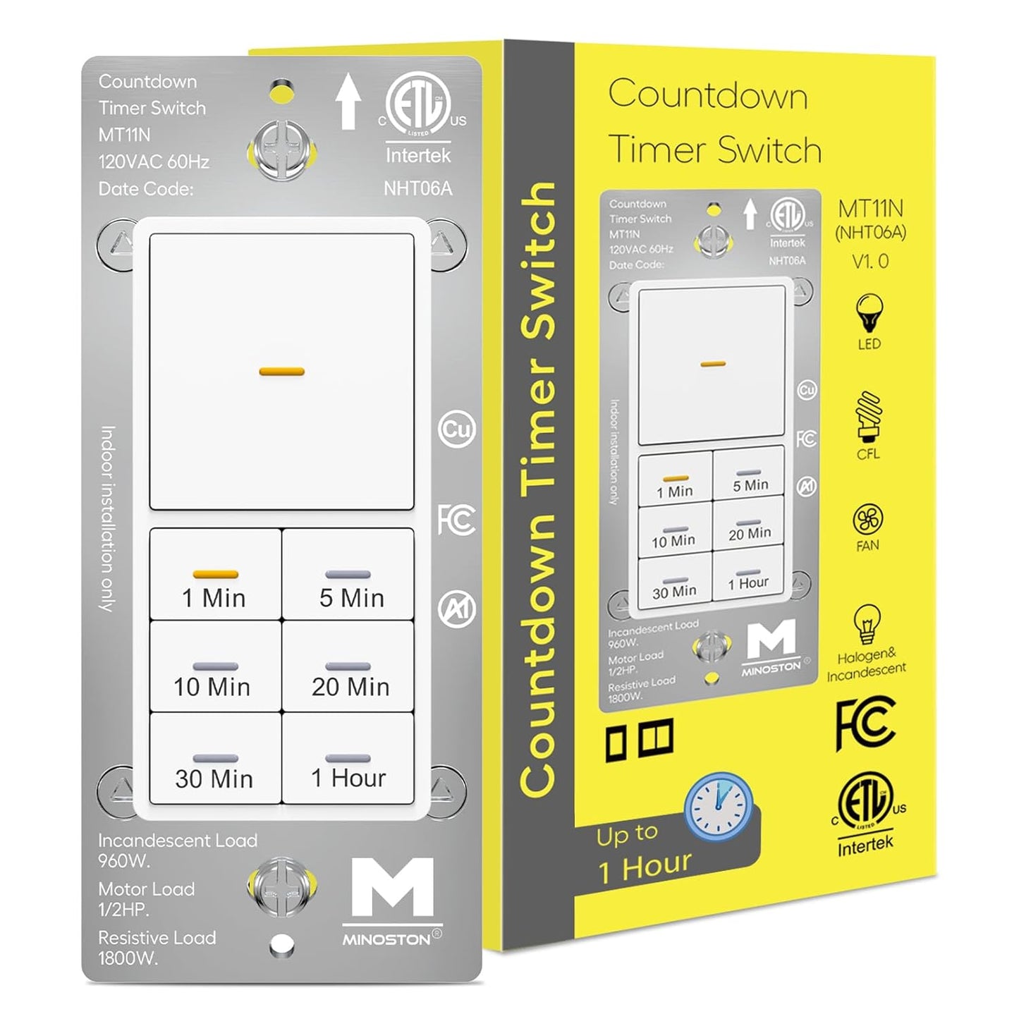 Minoston Countdown Timer Switch, 1-60 Min, Bathroom Fan Timer Switch, Adjustable LED Brightness, 120VAC Neutral Wire Req, ETL and FCC Listed, White (MT11N)
