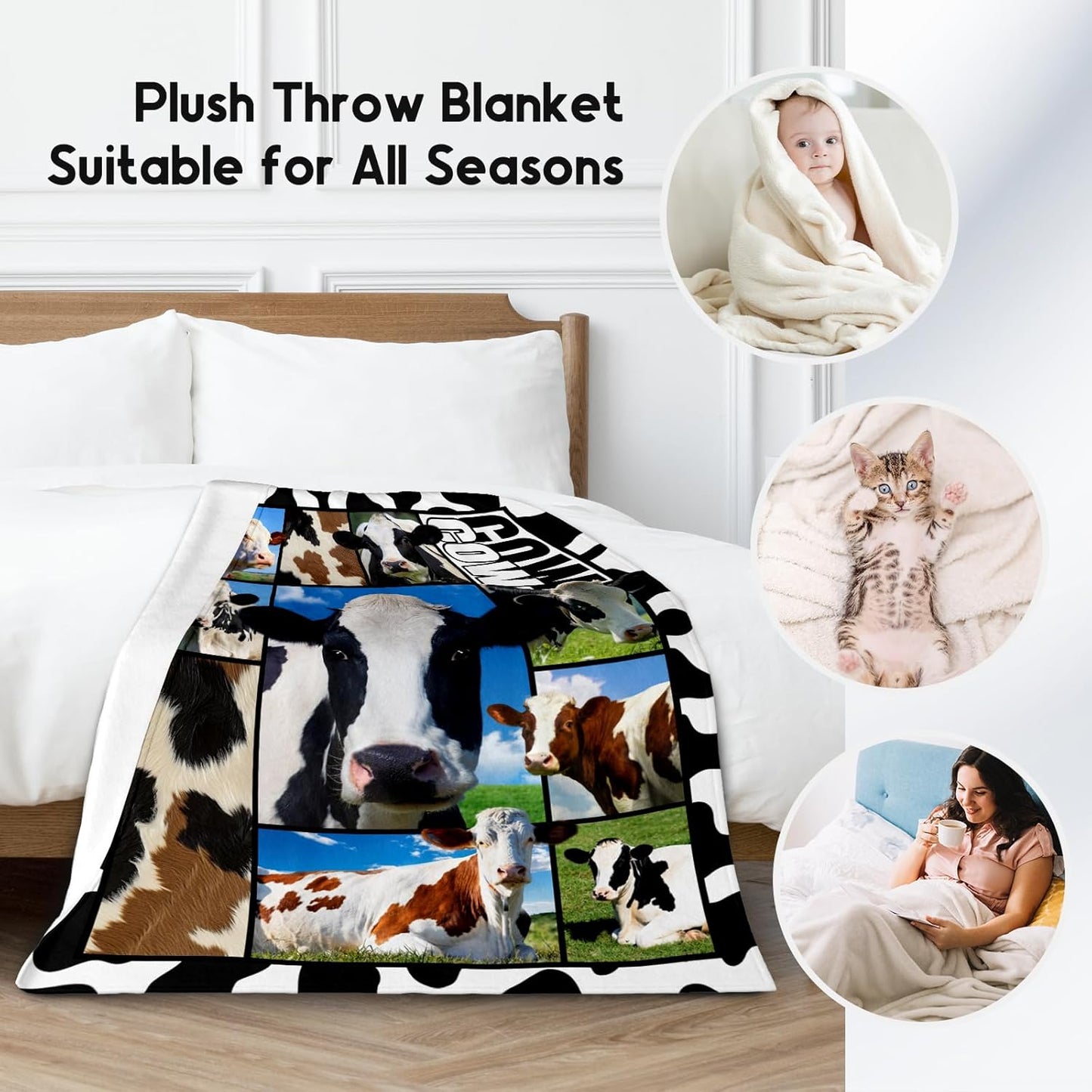 Cow Blankets and Throws, Cow Gifts for Women Girls Adults, Soft Fluffy Fuzzy Farmhouse Blanket Country Home Decor, 50"x60" Animal Pattern Throw for Couch Bed