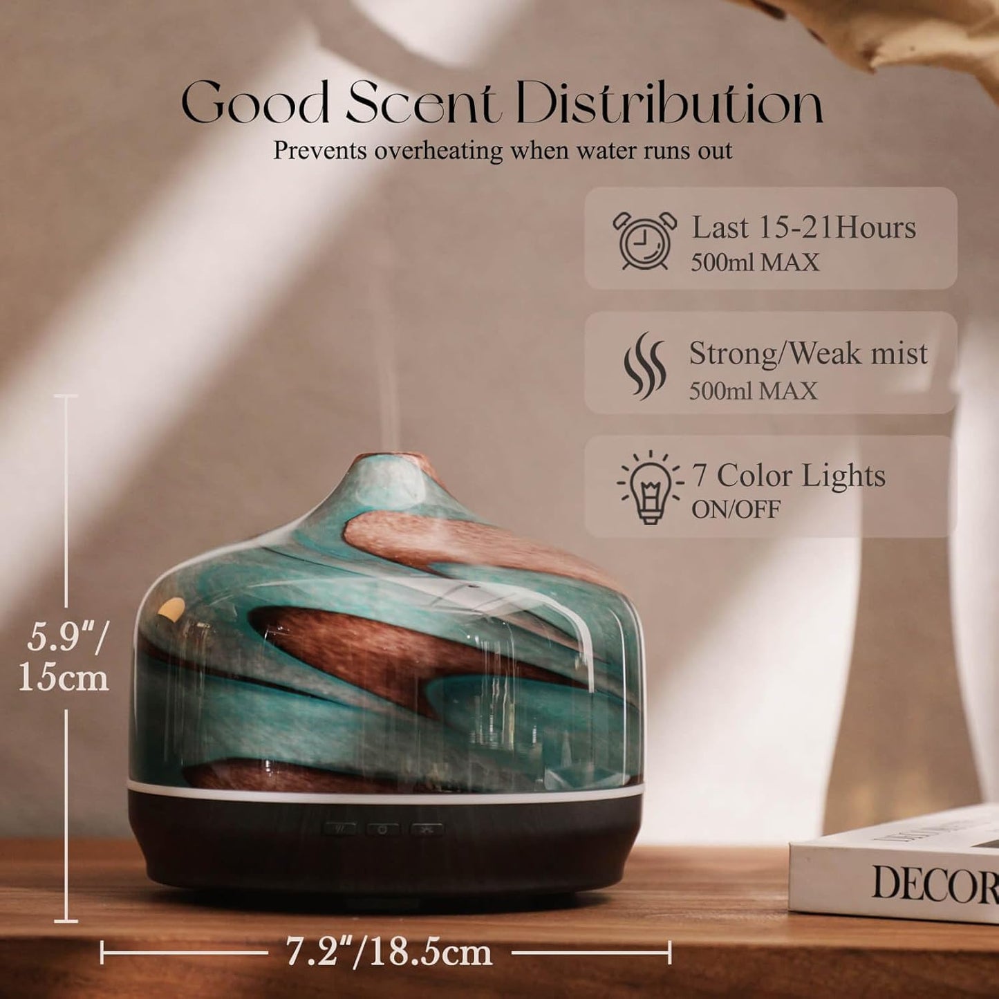Porseme 500ml Glass Essential Oil Diffuser Aromatherapy Ultrasonic Cool Mist Humidifier 15-21 Running Hours Waterless Auto-Off Air Diffusers for Sleeping Yoga Office Working Spa and Rest (Teal Green)
