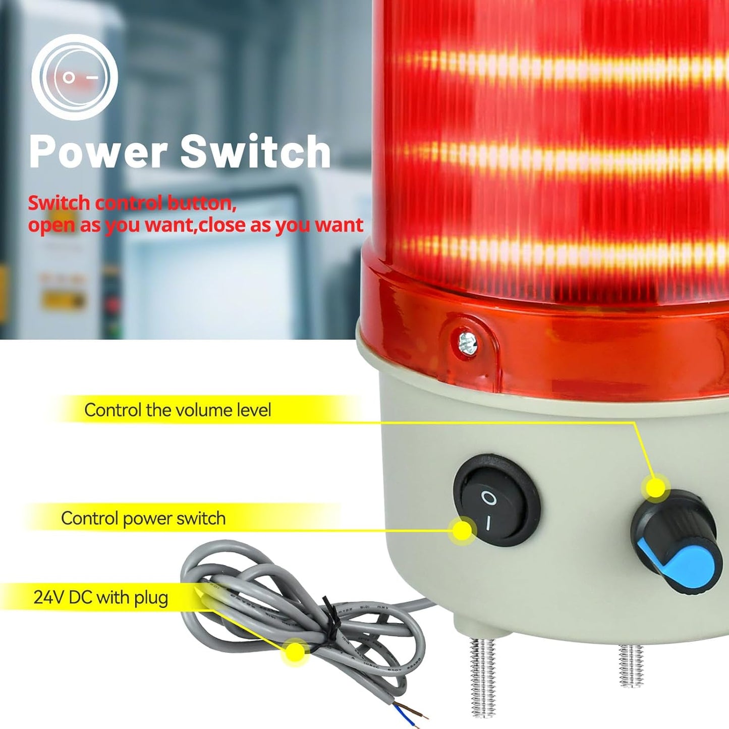 24V Industrial Rotating Warning Light LED Red Strobe Light for Emergency Alarms Safety Siren with Buzzer, Volume Control and Plug