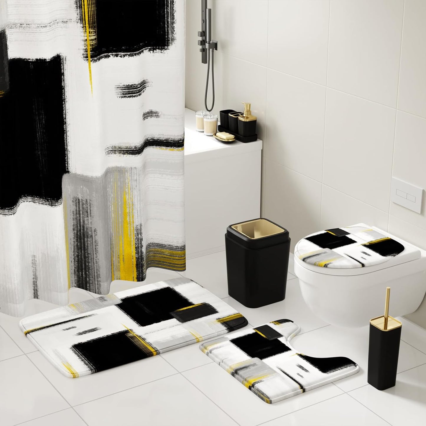 Bathroom Accessories Set - 26PCS Black Bathroom Set, Bathroom Accessory Set with Shower Curtain and Rugs and Bathtub Mats for Home