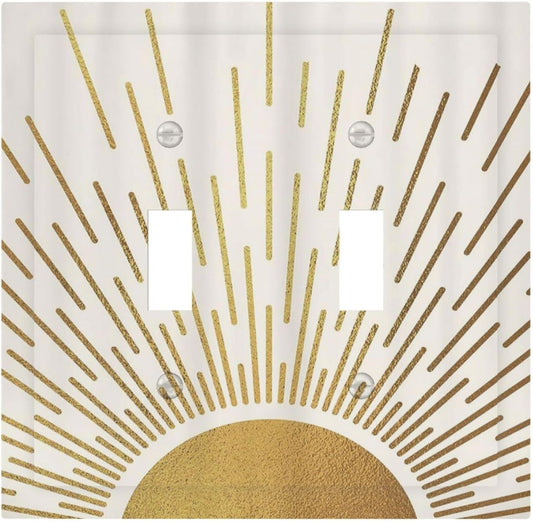 Decorative Light Switch Cover Plate Boho Mid Century Gold Sun Sunbeams 2 Gang Outlet Covers Double Toggle Wall Plates for Electrical Outlets Switch Plate Covers Faceplate for Bedroom Decor