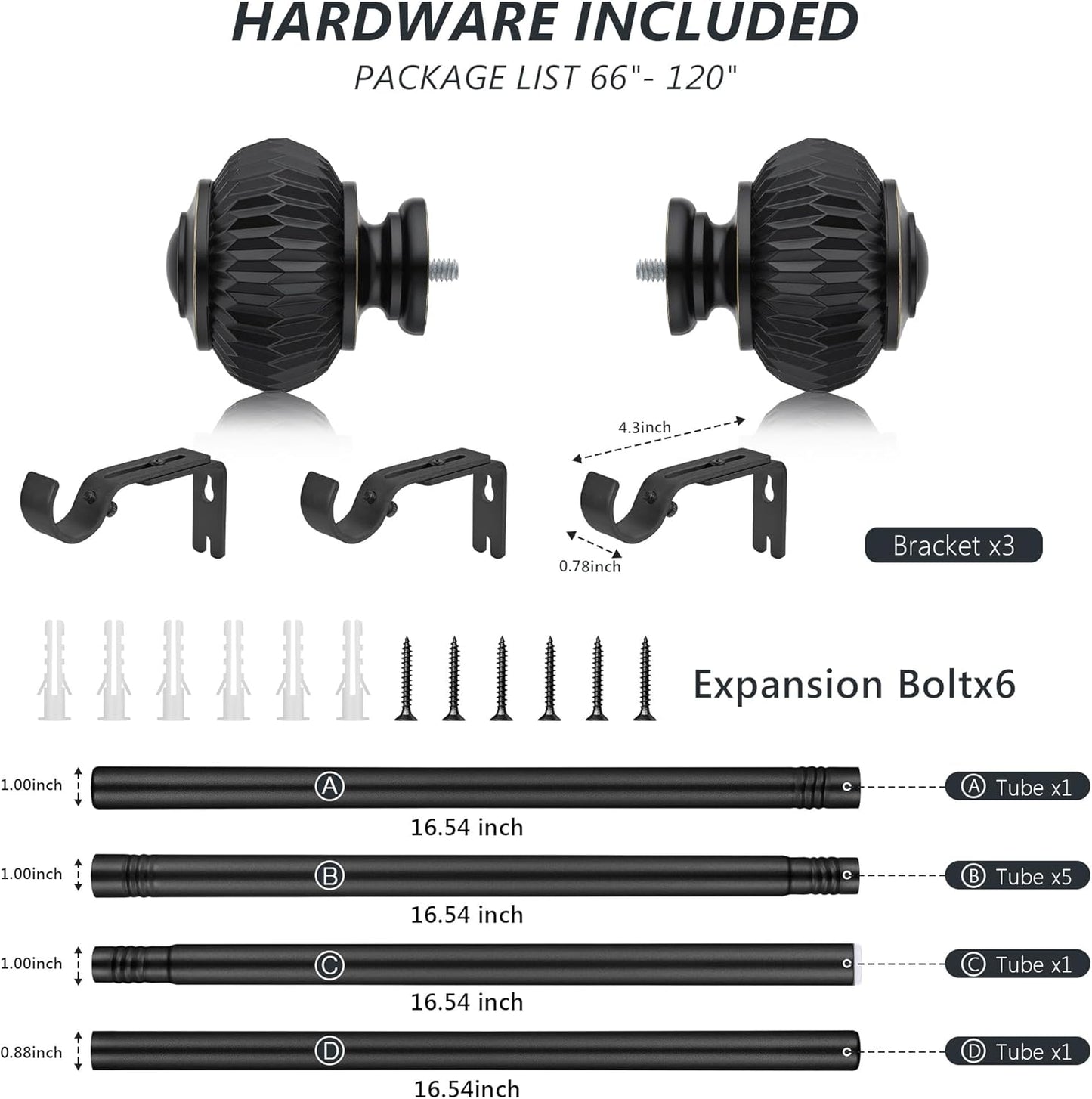 Black Curtain Rods for Windows 66 to 120 Inches 1 Inch Adjustable Heavy Duty Curtain Rods with Lantern Ball Finials,Window Treatment Single Curtain Rod Set