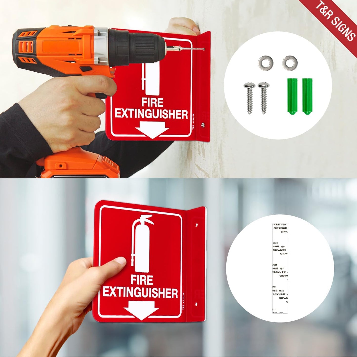 T&R Fire Extinguisher Sign, Fire Extinguisher with Down Arrow - 12 Pack - 6 x 6 Inches Acrylic, 2 pre-drilled holes, Includes Matching Screws, Use for Home Office/Business