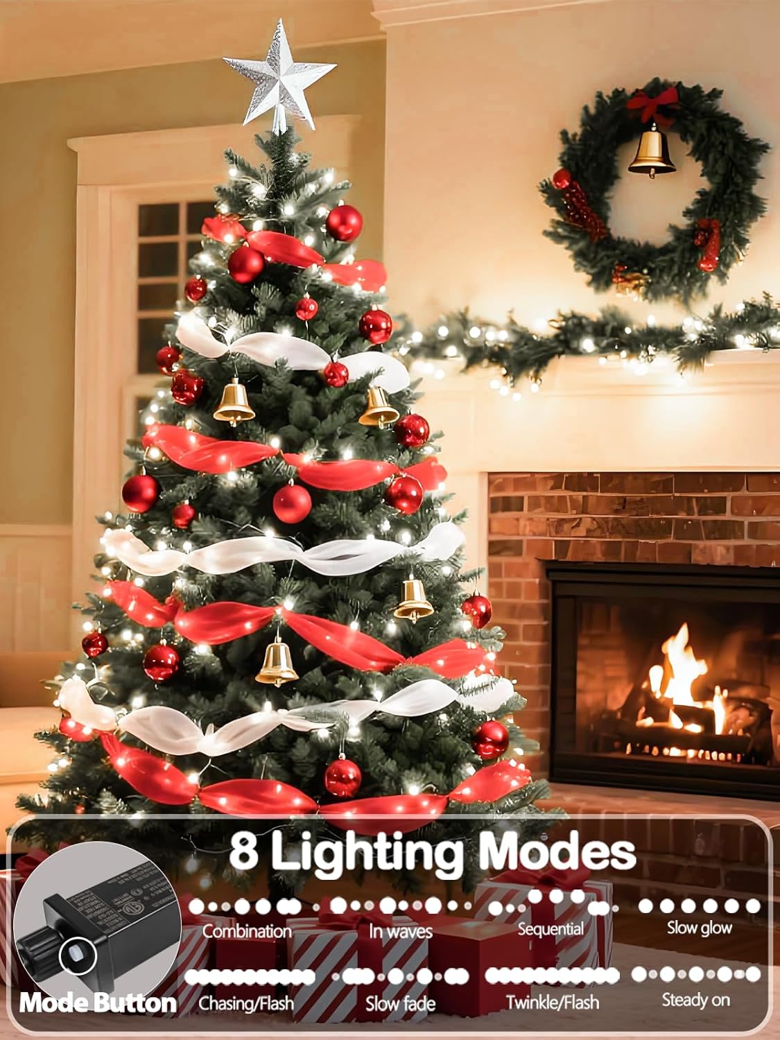 YIQU White 82FT 200 LED Christmas String Lights Outdoor/Indoor (Extendable Green Wire, Ultra-Bright with 8 Modes, UL Certified), Fairy String Lights for Xmas Tree Holiday Party Decoration, Cool White