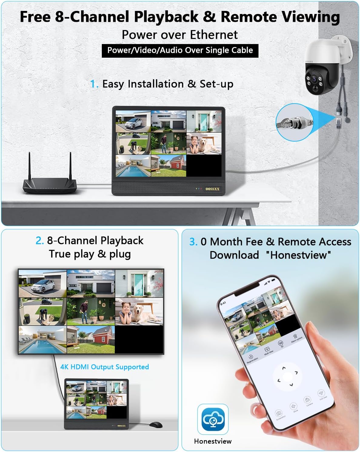 4K & PTZ Digital Zoom 2-Way Audio PoE Outdoor Camera Home Security Camera System Wired Outdoor Video Surveillance IP Camera System DVR Kit,10’’ UHD Monitor