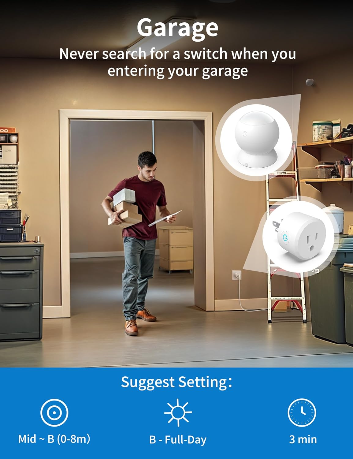 Wireless Motion Sensor Outlet Kit, 2 Sensor & 1 Outlet, Plug-N-Play PIR Motion Activated Switch with Timer, Indoor Motion Detector for Lights & Exhaust Fan of Bathroom, Garage, Laundry Room
