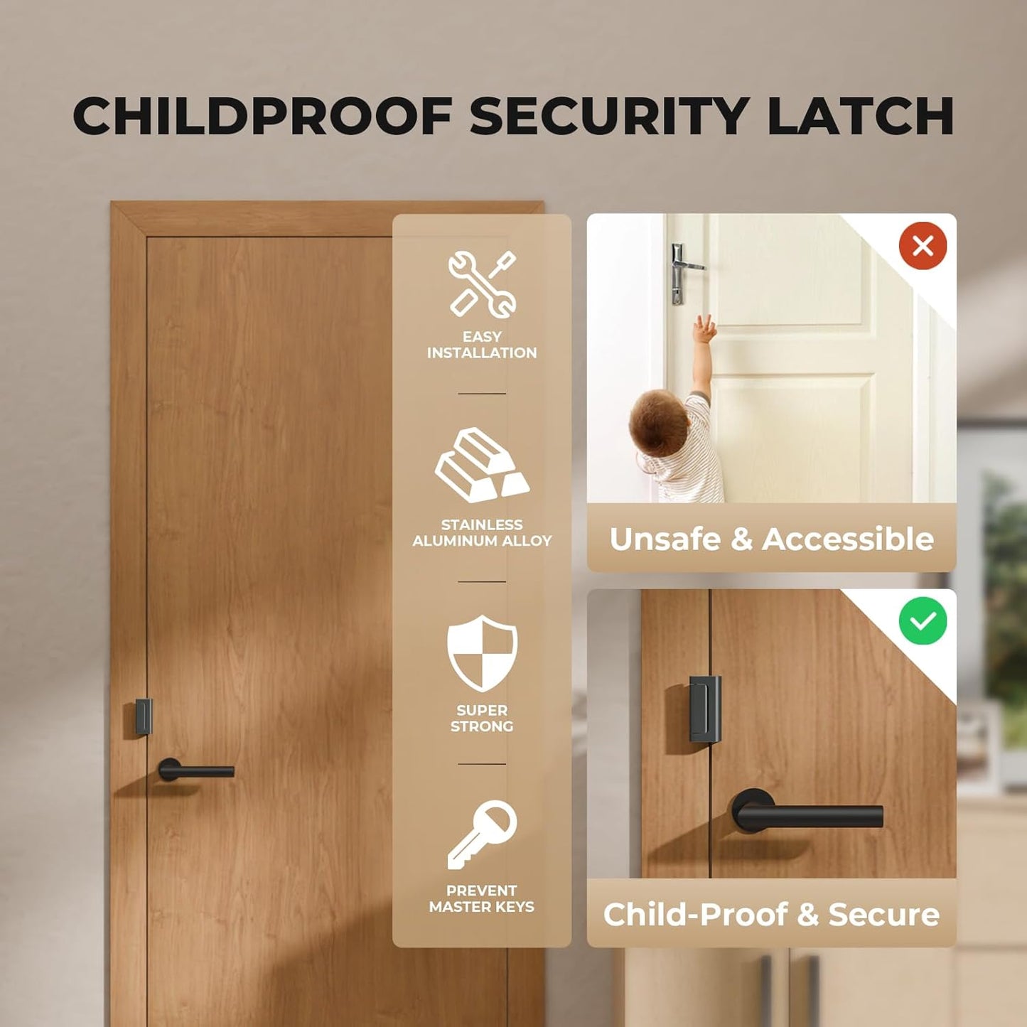 3 Pack Home Security Door Reinforcement Lock, Childproof Safety Door Lock Latch Stopper, Removable Screw-Mounted, Prevent Home Unauthorized Entry, Aluminum Construction, Withstands 800 lbs