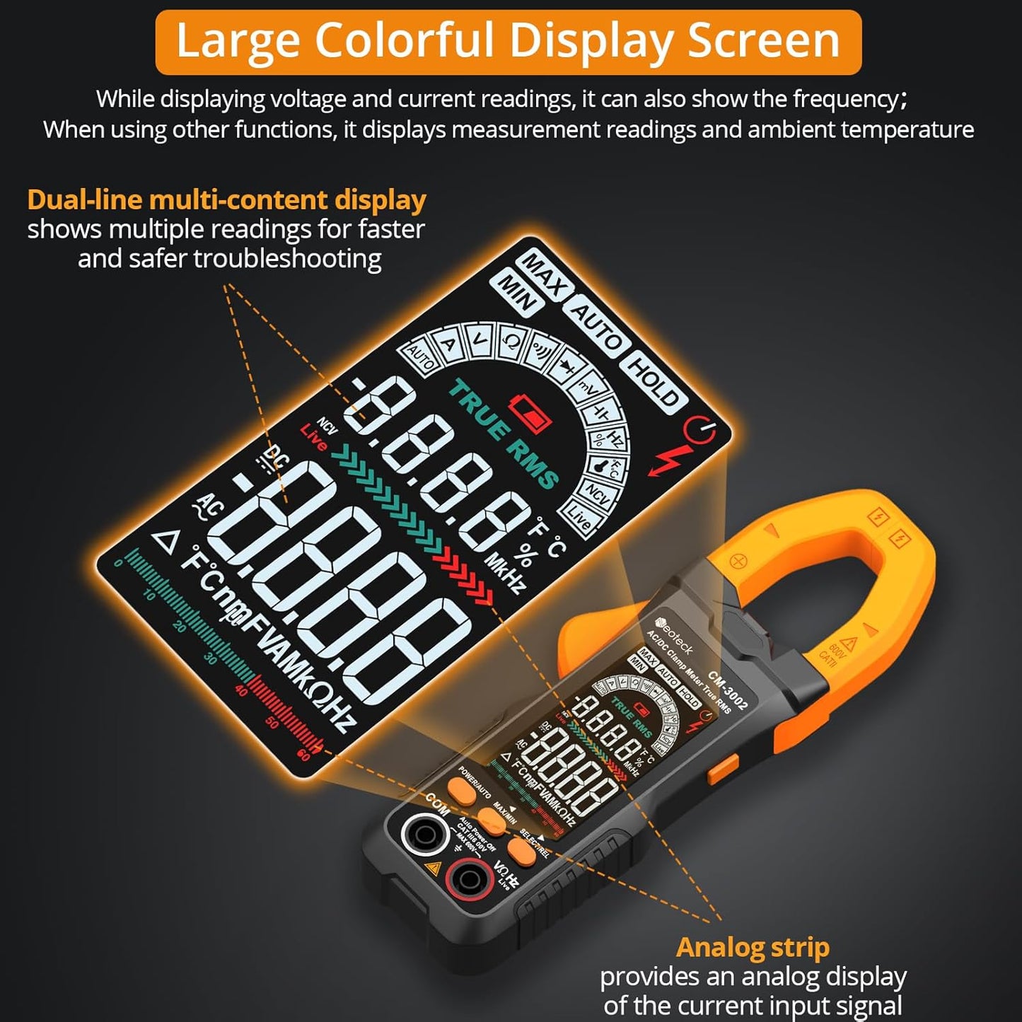 Neoteck Clamp Meter 6000 Counts Clamp Multimeter 800A AC/DC Current Auto Selection Color Screen TRMS Voltage,Capacitance,Continuity,Resistance,NCV,Diode,Frequency for Home,Auto,Industrial,HVAC