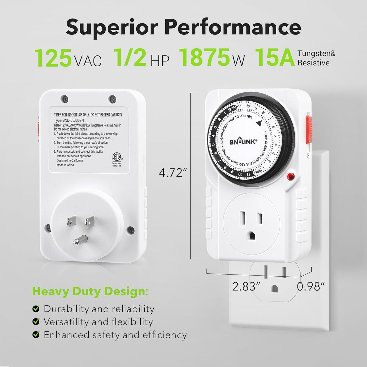 BN-LINK 24 Hour Plug-in Mechanical Timer Grounded for Aquarium, Grow Light, Hydroponics, Indoor Lighting, Home Appliances, ETL Listed 125VAC, 60 Hz, 1875W, 15A, 1/2HP (2 Pack)