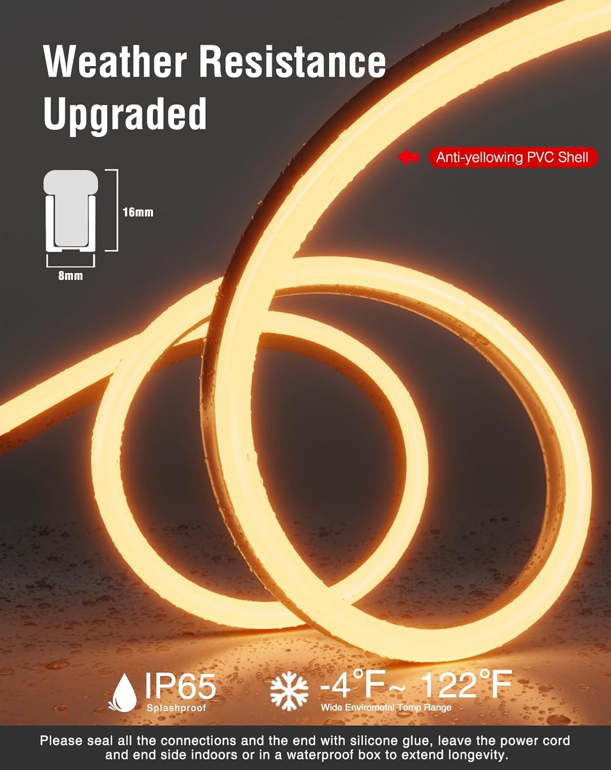 Shine Decor 50FT LED Neon Rope Lights, Bright 2500K Warm White AC110V-120V Neon Strip Light, 8x16mm Cuttable Waterproof SMD2835 120LED/M Indoor Outdoor Light Strips, DIY Ambiance Lighting Decoration