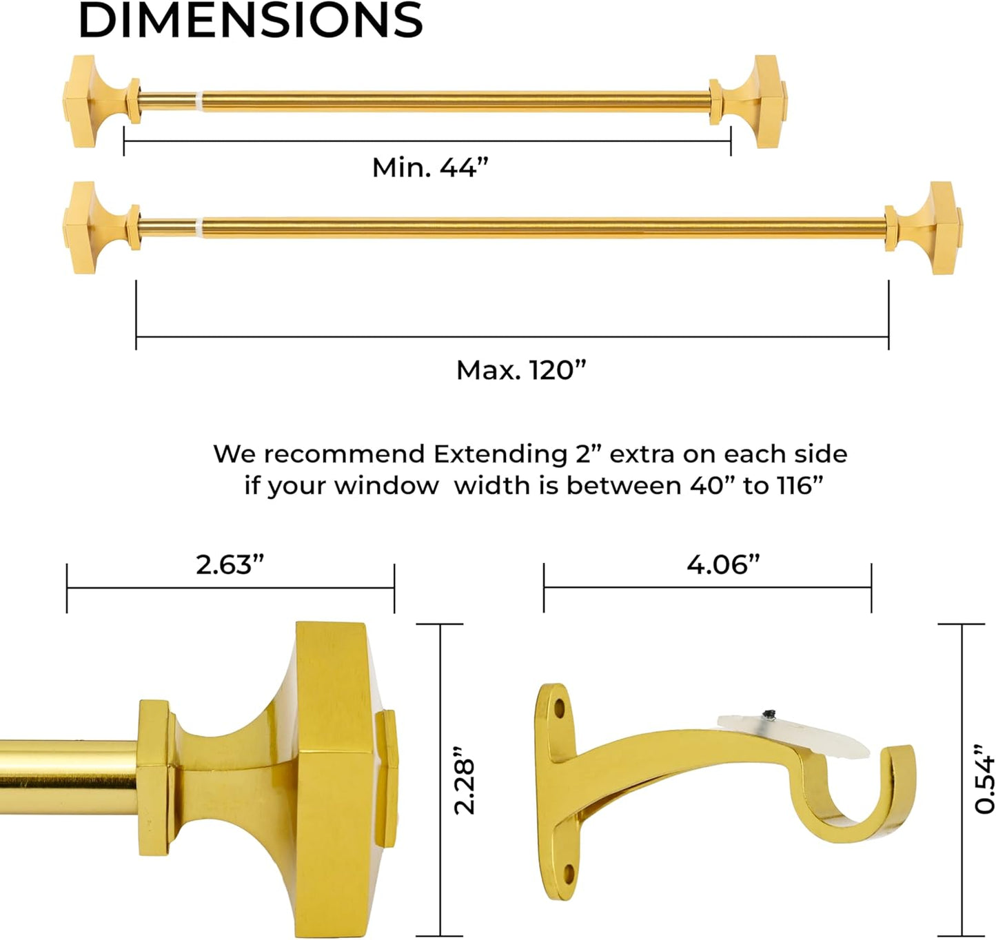 Deco Window Adjustable Golden Curtain Rod for Windows 44 to 120 Inch (Pack of 1) Extendable Heavy Duty 3/4 Inch Iron Drapery Pole with Stacked Square Finials (Gold)