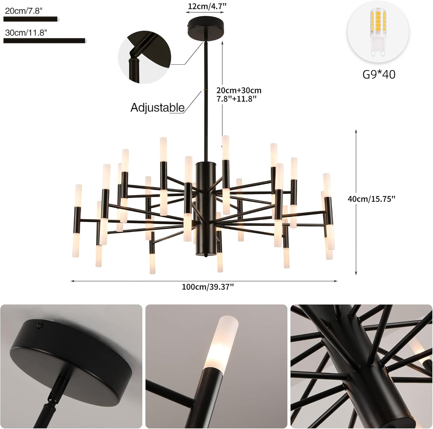Modern Sputnik Chandelier Mid Century Black Chandeliers for Dining Room Living Room Kitchen Bedroom Support APP Voice Control Dimmable Smart LED Light Fixture(GB1337YY40-BK)