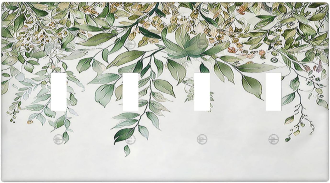 Light Switch Covers Sage Green Eucalyptus Watercolor Plant Leaves Quad Toggle Electrical Faceplate 4 Gang Wall Plate Decorative Switch Plates for Bedroom Bathroom Decor