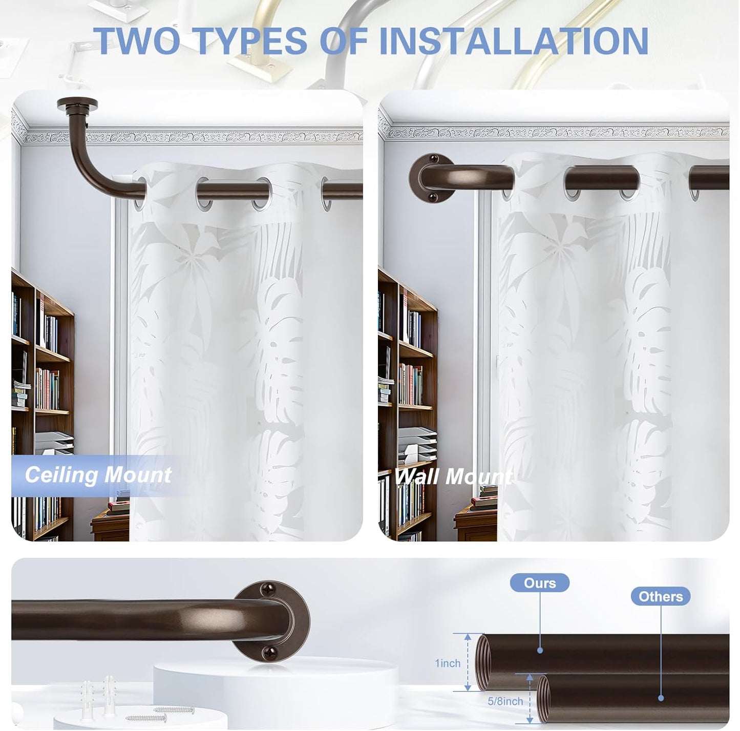 Bronze Wrap Around Curtain Rods 28 to 48 Inch:Blackout Heavy duty Adjustable Window Curtain Rod for Bedroom,Industrial Darkening Curved French Metal Single Drapery Rods Set Easy Install,Brown